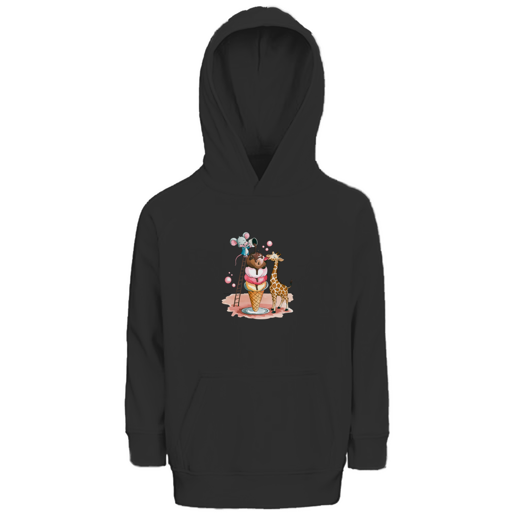 Kinder Hoodie mit Ice Cream Friends Motiv in Schwarz: Maus auf Leiter und Giraffe an Eiswaffel aus Bio-Baumwolle