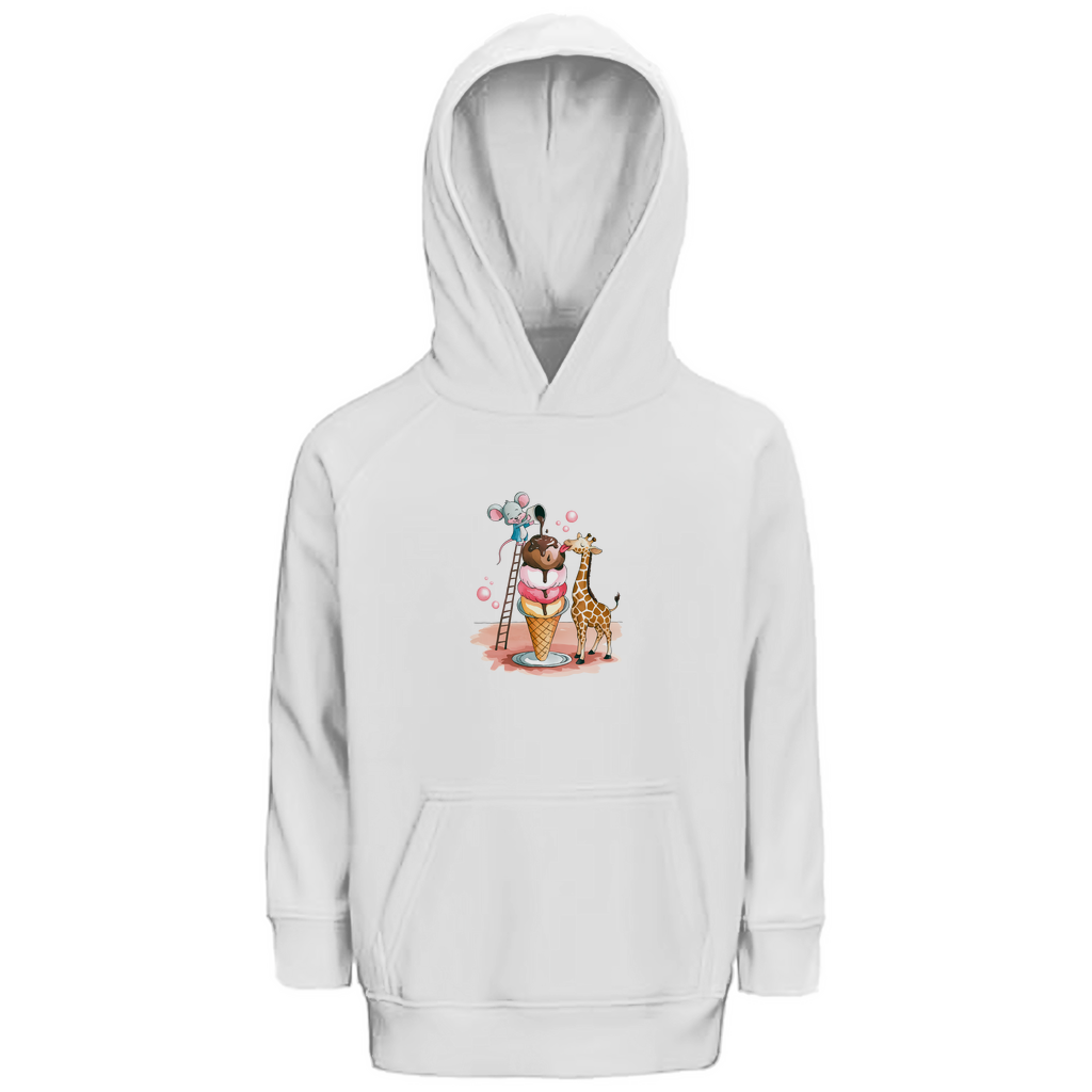 Kinder Hoodie mit Ice Cream Friends Motiv in Weiß: Maus auf Leiter und Giraffe an Eiswaffel aus Bio-Baumwolle