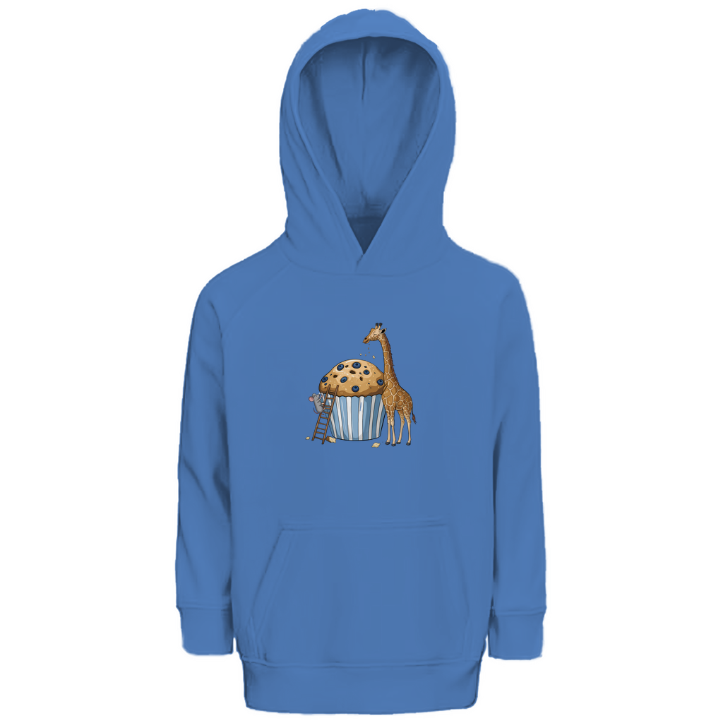 Kinder Hoodie "Muffin Friends" Kapuzenpullover mit Tiermotiv in Blau: Maus auf Leiter und Giraffe an Blaubeer-Muffin