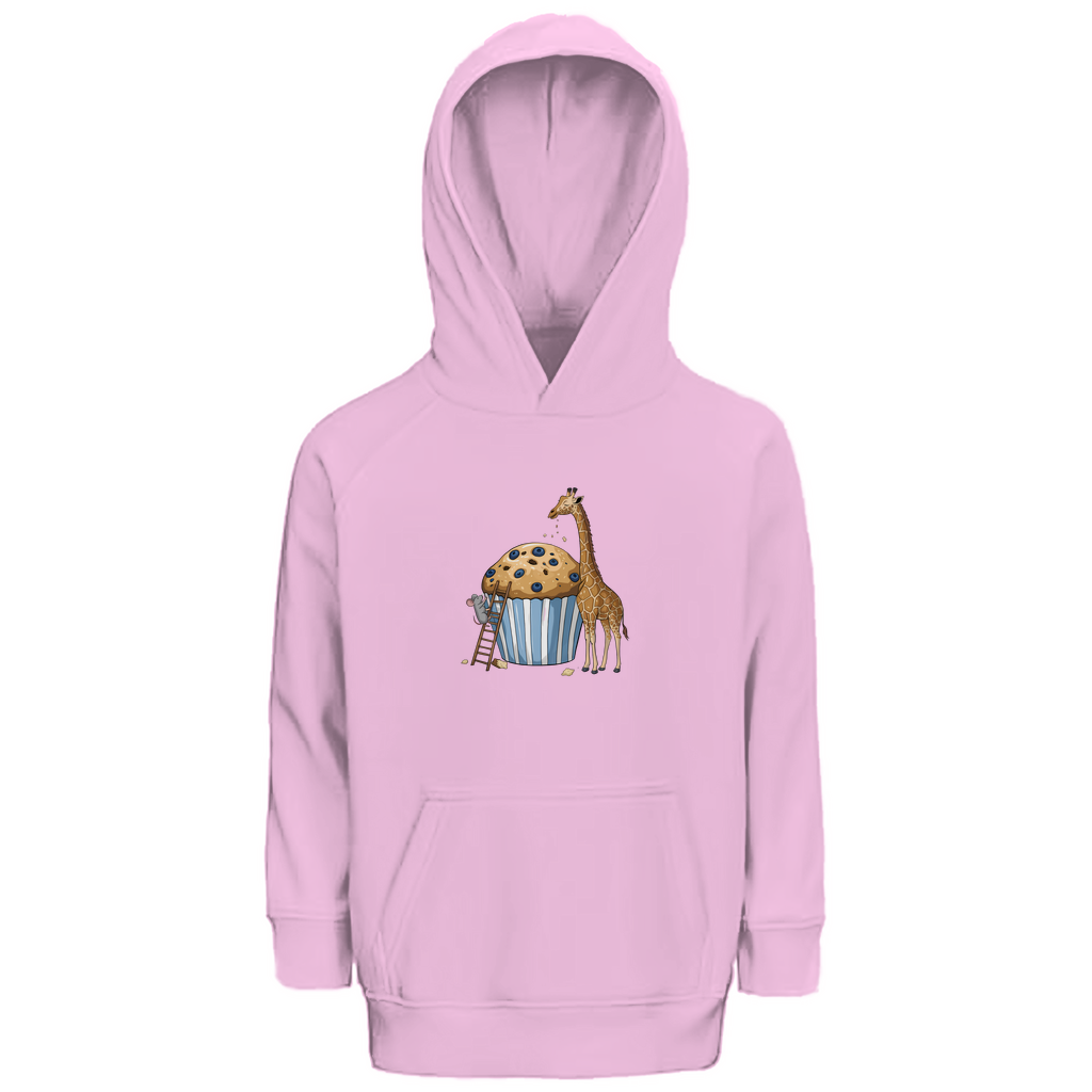 Kinder Hoodie "Muffin Friends" Kapuzenpullover mit Tiermotiv in Rosa: Maus auf Leiter und Giraffe an Blaubeer-Muffin