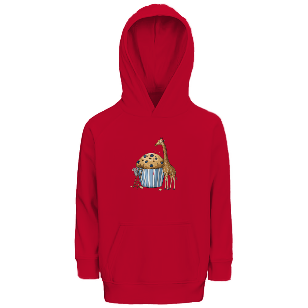 Kinder Hoodie "Muffin Friends" Kapuzenpullover mit Tiermotiv in Rot: Maus auf Leiter und Giraffe an Blaubeer-Muffin