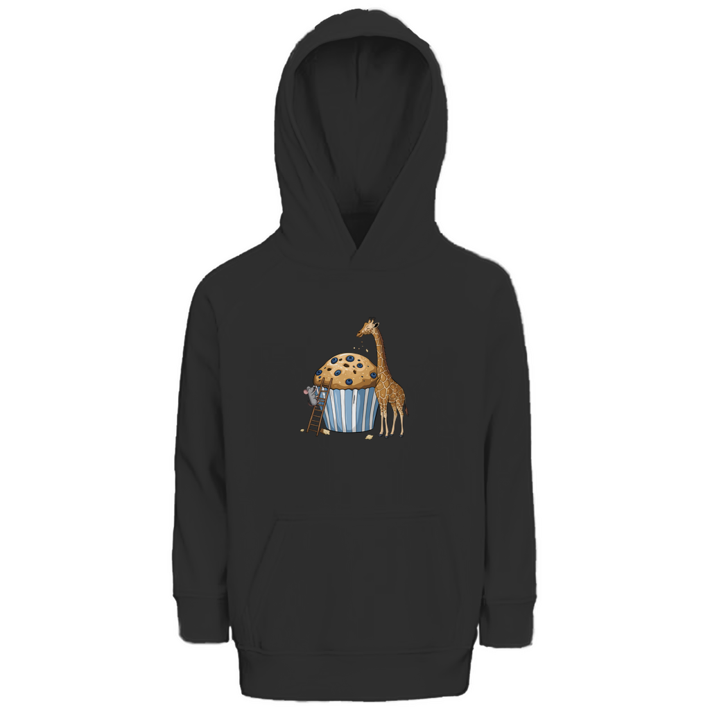 Kinder Hoodie "Muffin Friends" Kapuzenpullover mit Tiermotiv in Schwarz: Maus auf Leiter und Giraffe an Blaubeer-Muffin