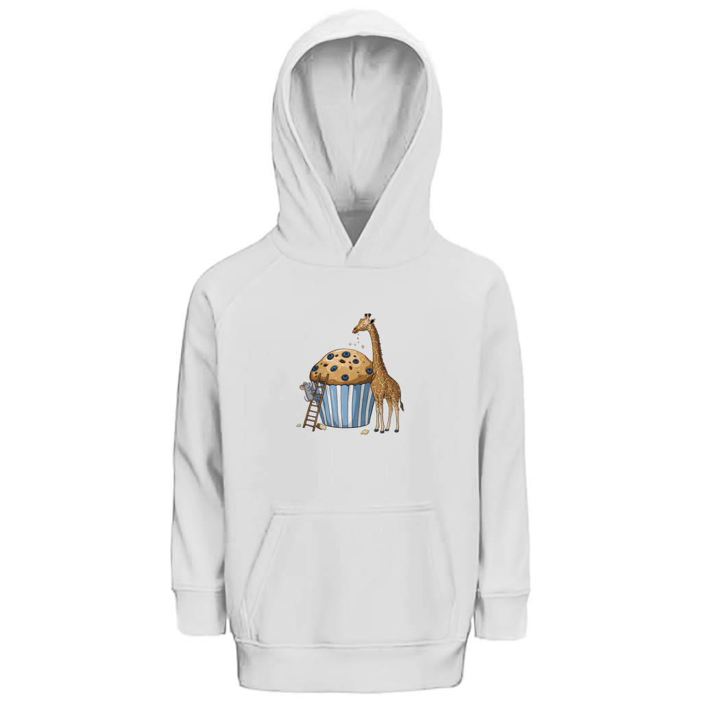 Kinder Hoodie "Muffin Friends" Kapuzenpullover mit Tiermotiv in Weiß: Maus auf Leiter und Giraffe an Blaubeer-Muffin