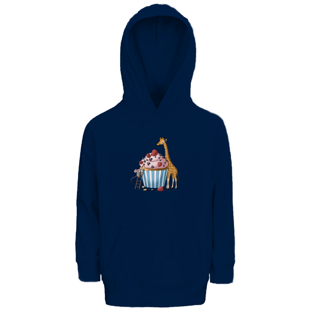 Kinder Hoodie "Sweet Friends" aus Bio Baumwolle mit süßem Tiermotiv in Navy Blau: Maus auf Leiter und Giraffe an Erdbeer-Schoko-Cupcake