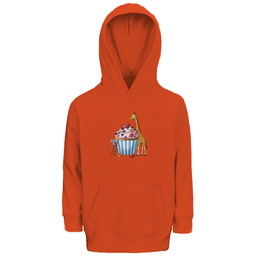 Kinder Hoodie "Sweet Friends" aus Bio Baumwolle mit süßem Tiermotiv in Orange: Maus auf Leiter und Giraffe an Erdbeer-Schoko-Cupcake