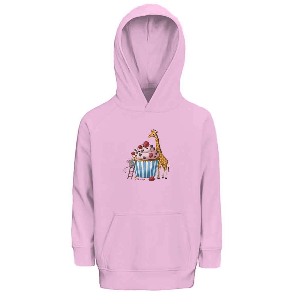 Kinder Hoodie "Sweet Friends" aus Bio Baumwolle mit süßem Tiermotiv in Rosa: Maus auf Leiter und Giraffe an Erdbeer-Schoko-Cupcake