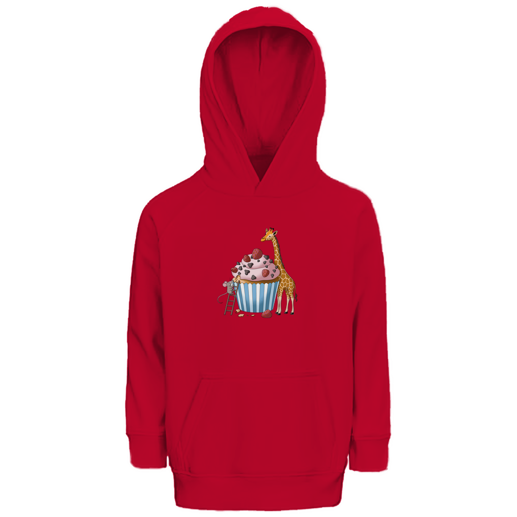 Kinder Hoodie "Sweet Friends" aus Bio Baumwolle mit süßem Tiermotiv in Rot: Maus auf Leiter und Giraffe an Erdbeer-Schoko-Cupcake