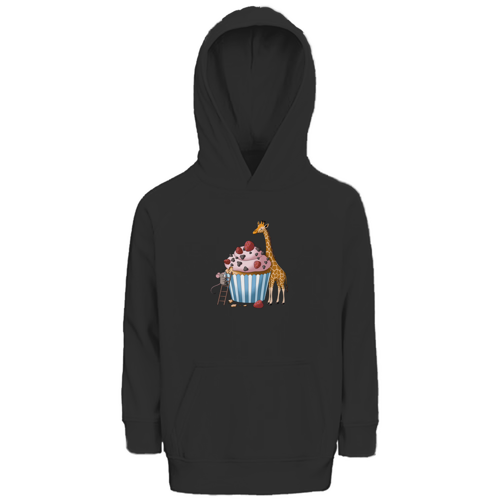 Kinder Hoodie "Sweet Friends" aus Bio Baumwolle mit süßem Tiermotiv in Schwarz: Maus auf Leiter und Giraffe an Erdbeer-Schoko-Cupcake