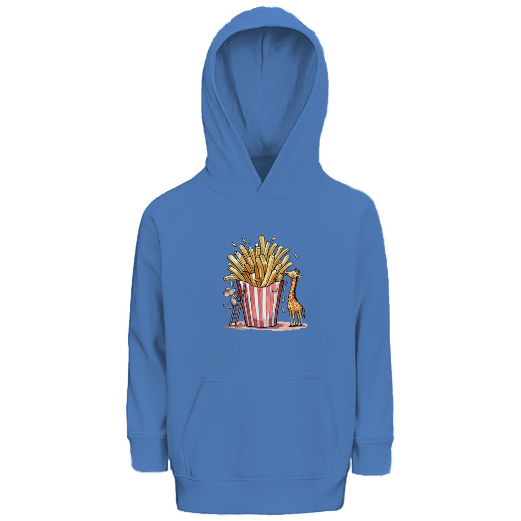Kinder Hoodie "FRIES FRIENDS" aus Bio-Baumwolle in Blau – Unisex-Kapuzenpulli mit Tiermotiv (Maus, Giraffe und Pommes).