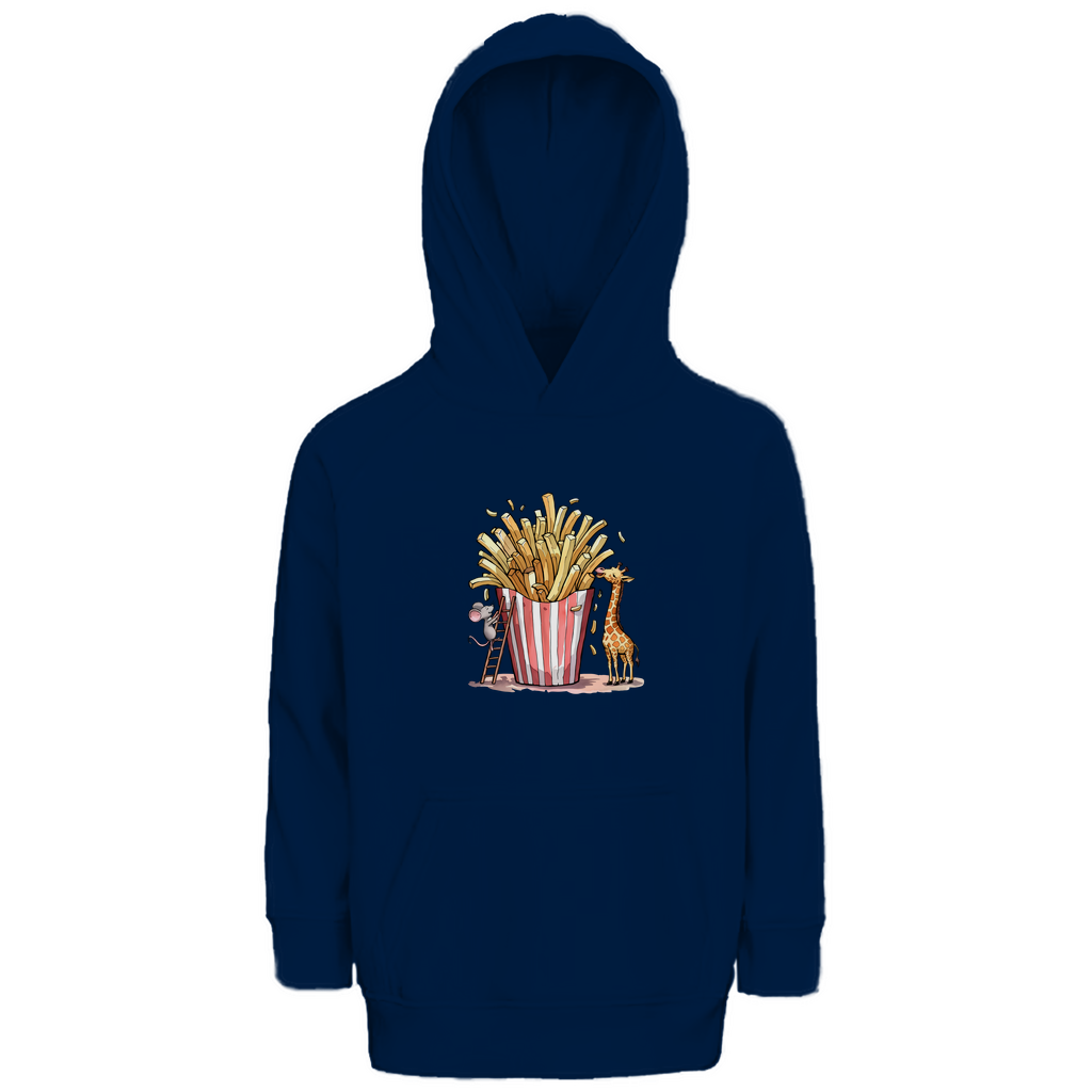 Kinder Hoodie "FRIES FRIENDS" aus Bio-Baumwolle in Navy Blau – Unisex-Kapuzenpulli mit Tiermotiv (Maus, Giraffe und Pommes).