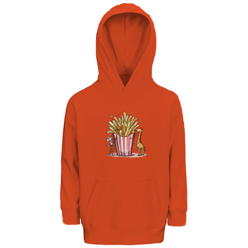 Kinder Hoodie "FRIES FRIENDS" aus Bio-Baumwolle in Orange – Unisex-Kapuzenpulli mit Tiermotiv (Maus, Giraffe und Pommes).