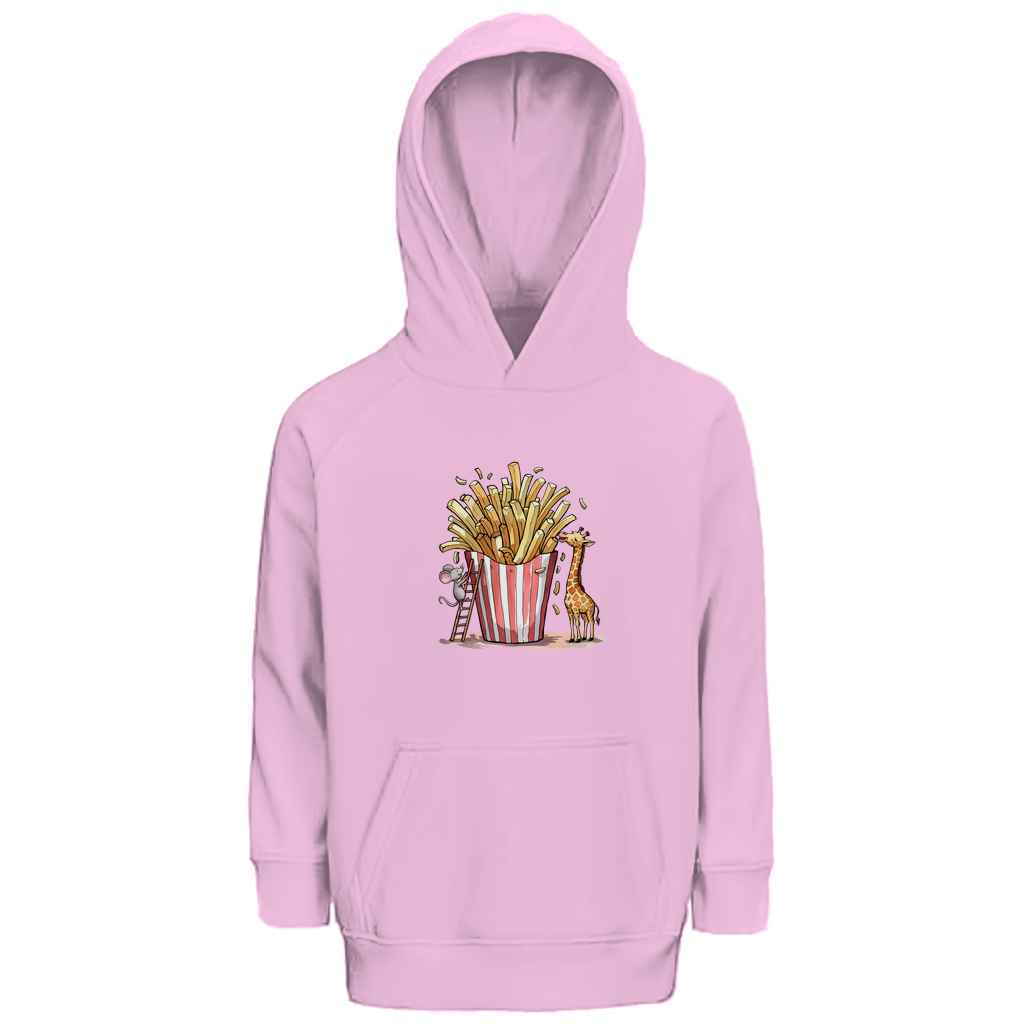 Kinder Hoodie "FRIES FRIENDS" aus Bio-Baumwolle in Rosa – Unisex-Kapuzenpulli mit Tiermotiv (Maus, Giraffe und Pommes).