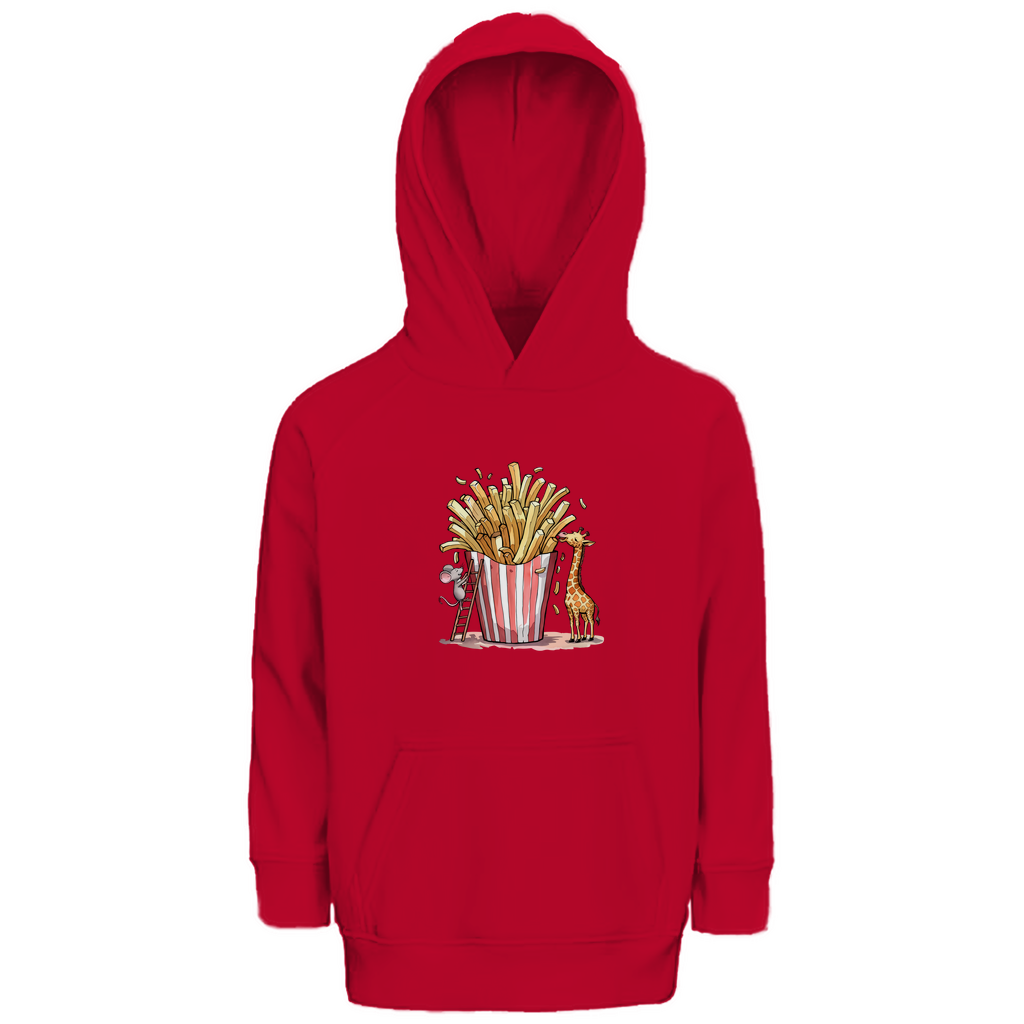 Kinder Hoodie "FRIES FRIENDS" aus Bio-Baumwolle in Rot – Unisex-Kapuzenpulli mit Tiermotiv (Maus, Giraffe und Pommes).