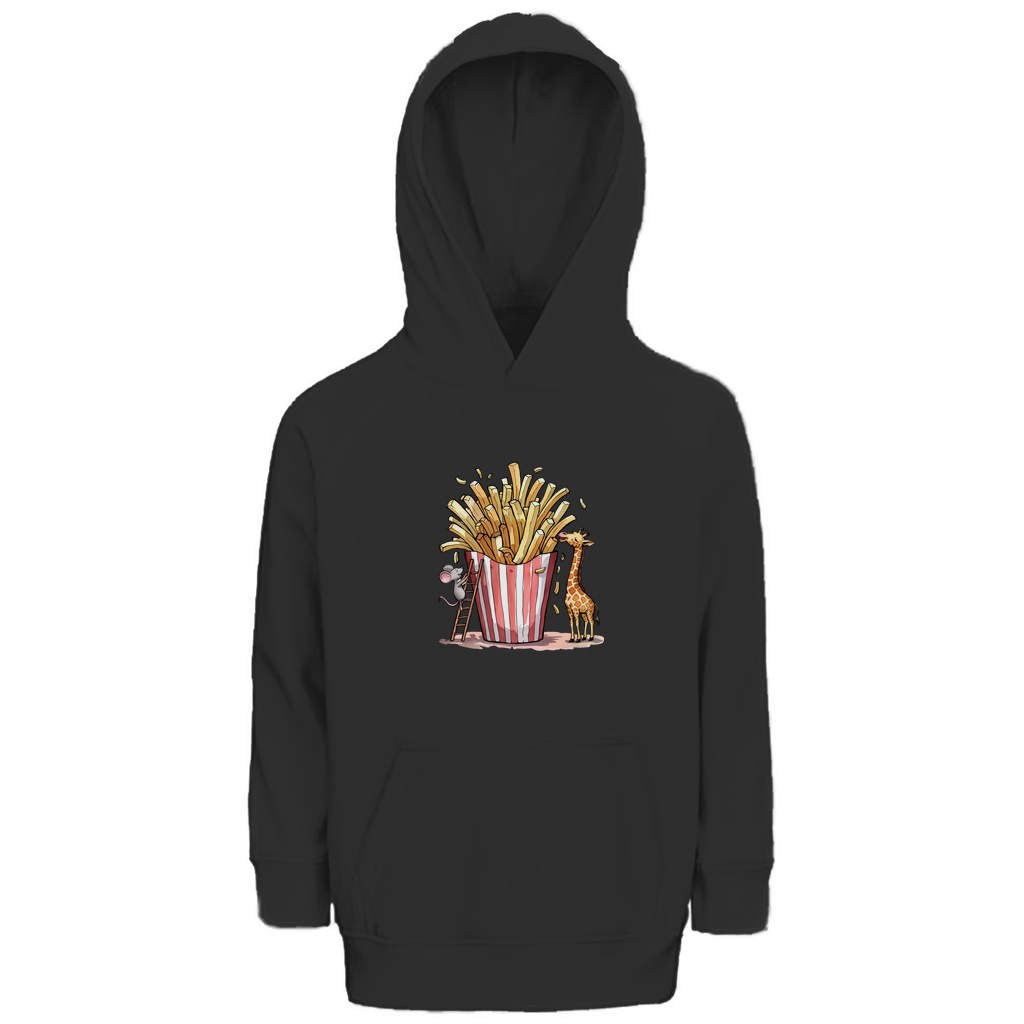 Kinder Hoodie "FRIES FRIENDS" aus Bio-Baumwolle in Schwarz – Unisex-Kapuzenpulli mit Tiermotiv (Maus, Giraffe und Pommes).