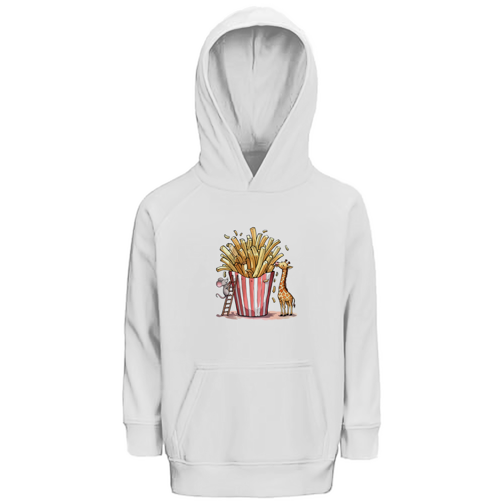 Kinder Hoodie "FRIES FRIENDS" aus Bio-Baumwolle in Weiß – Unisex-Kapuzenpulli mit Tiermotiv (Maus, Giraffe und Pommes).