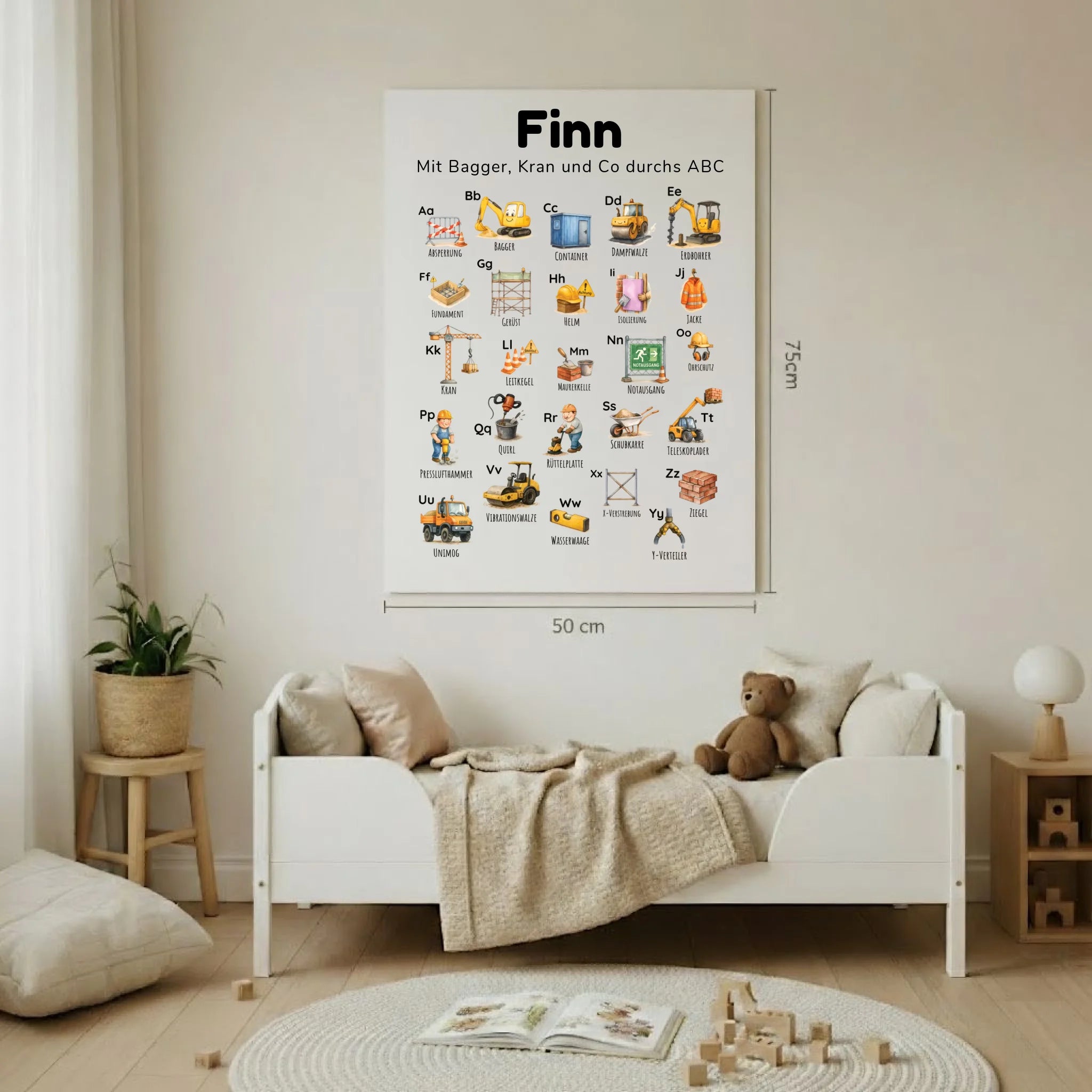 ABC-Poster für Kinder, Thema Baustelle „Bagger & Buchstaben“, personalisierbar mit Namen und Spruch; Illustrationen von Bagger, Kran, Walze; mattes Fotopapier im Hochformat; erhältlich in 50x75cm; ideales Lernposter fürs Kinderzimmer und für Kitas in Deutschland