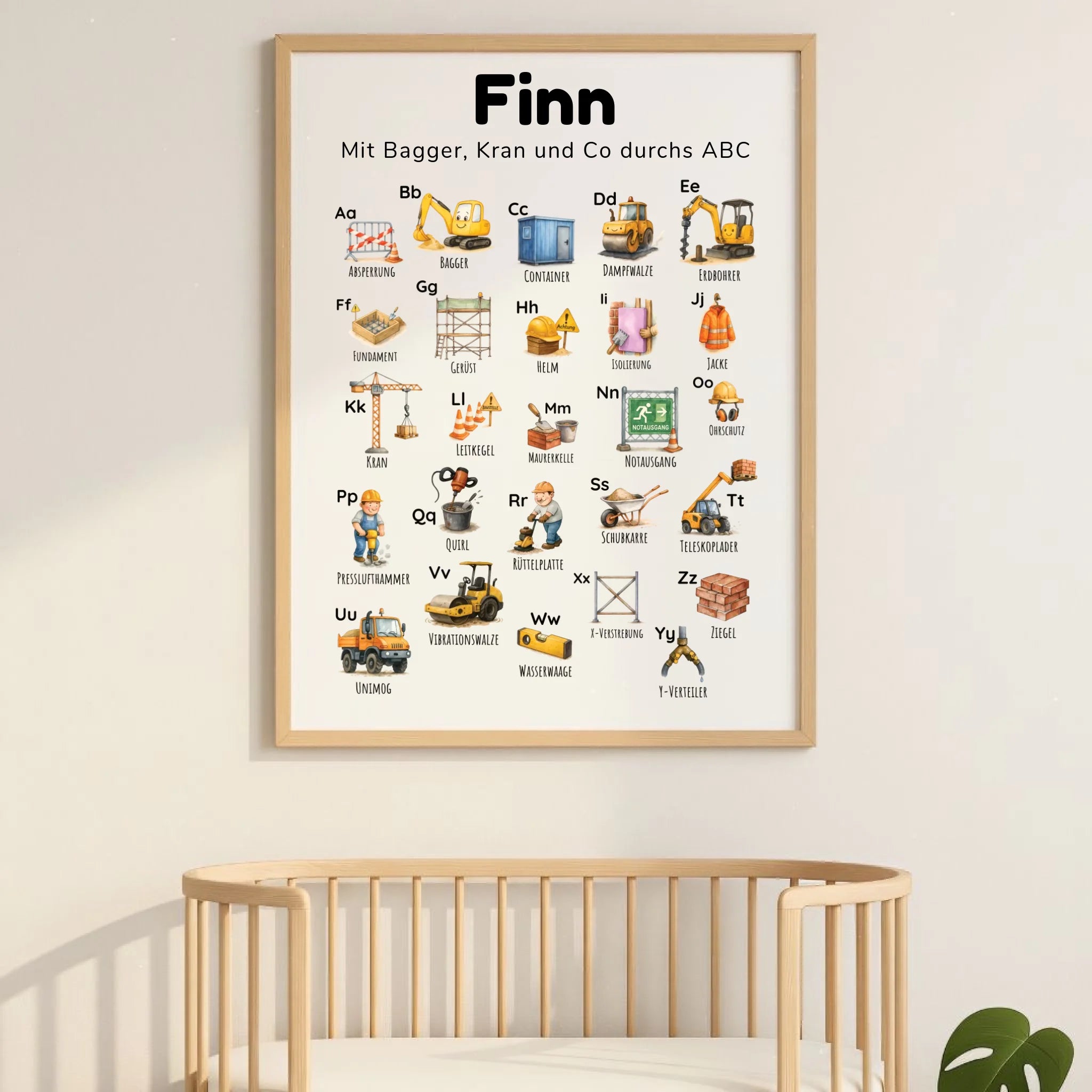 ABC-Poster für Kinder, Thema Baustelle „Bagger & Buchstaben“, personalisierbar mit Namen und Spruch; Illustrationen von Bagger, Kran, Walze; mattes Fotopapier im Hochformat; erhältlich in DIN A0; ideales Lernposter fürs Kinderzimmer und für Kitas in Deutschland
