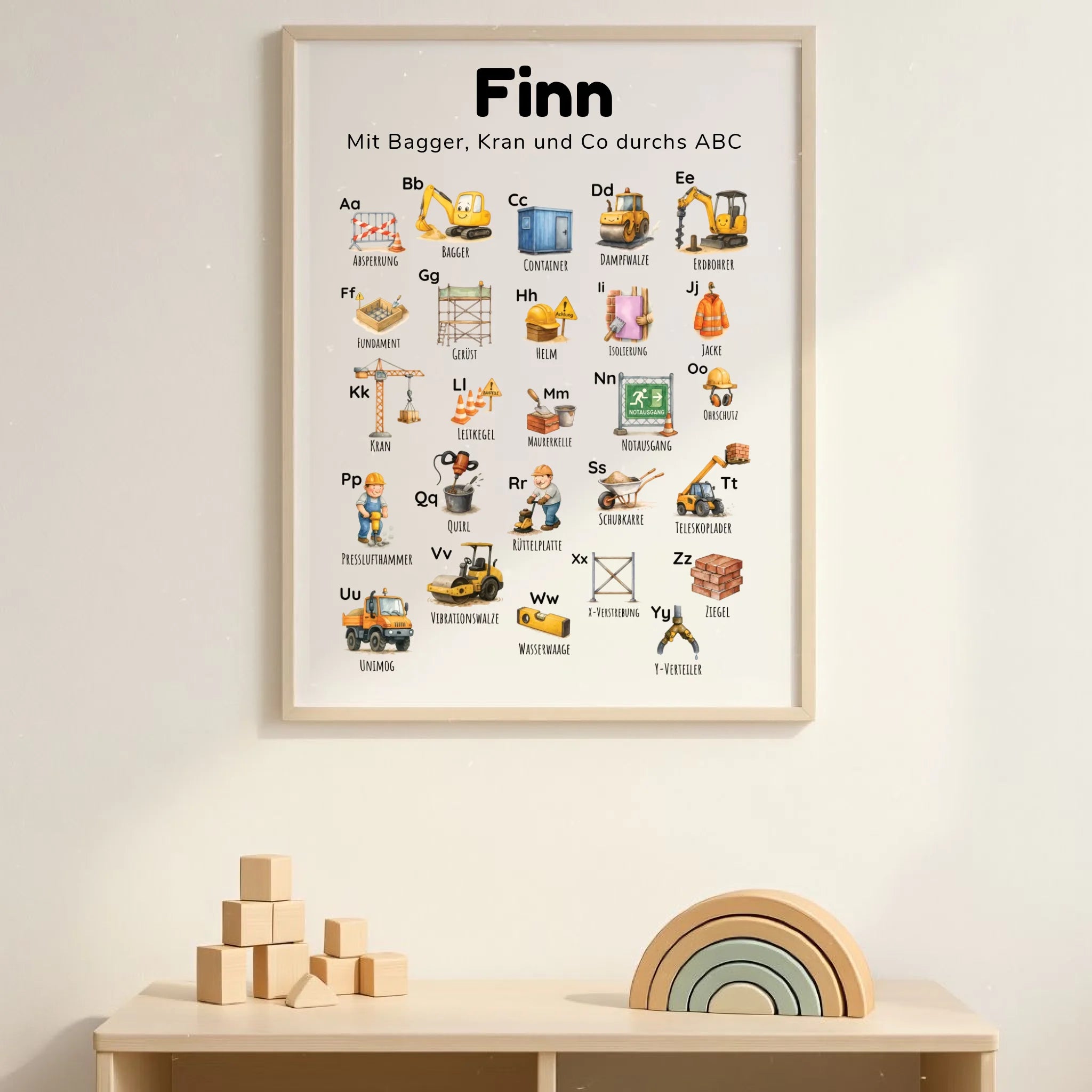 ABC-Poster für Kinder, Thema Baustelle „Bagger & Buchstaben“, personalisierbar mit Namen und Spruch; Illustrationen von Bagger, Kran, Walze; mattes Fotopapier im Hochformat; erhältlich in DIN A1; ideales Lernposter fürs Kinderzimmer und für Kitas in Deutschland
