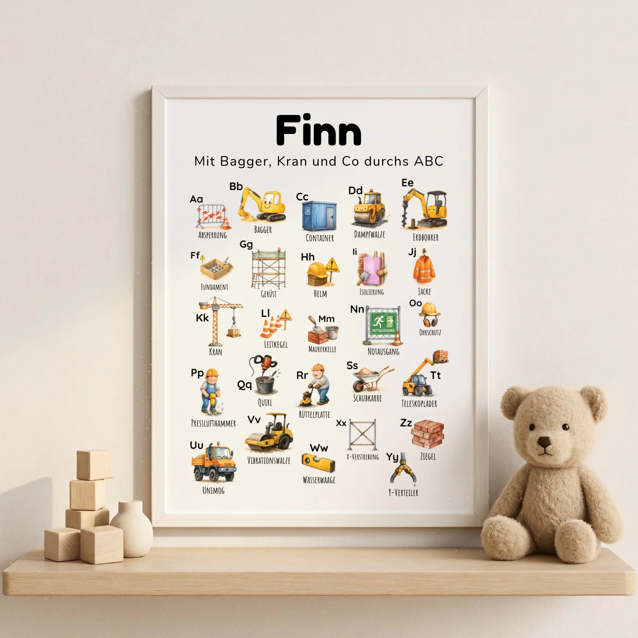 ABC-Poster für Kinder, Thema Baustelle „Bagger & Buchstaben“, personalisierbar mit Namen und Spruch; Illustrationen von Bagger, Kran, Walze; mattes Fotopapier im Hochformat; erhältlich in DIN A3; ideales Lernposter fürs Kinderzimmer und für Kitas in Deutschland