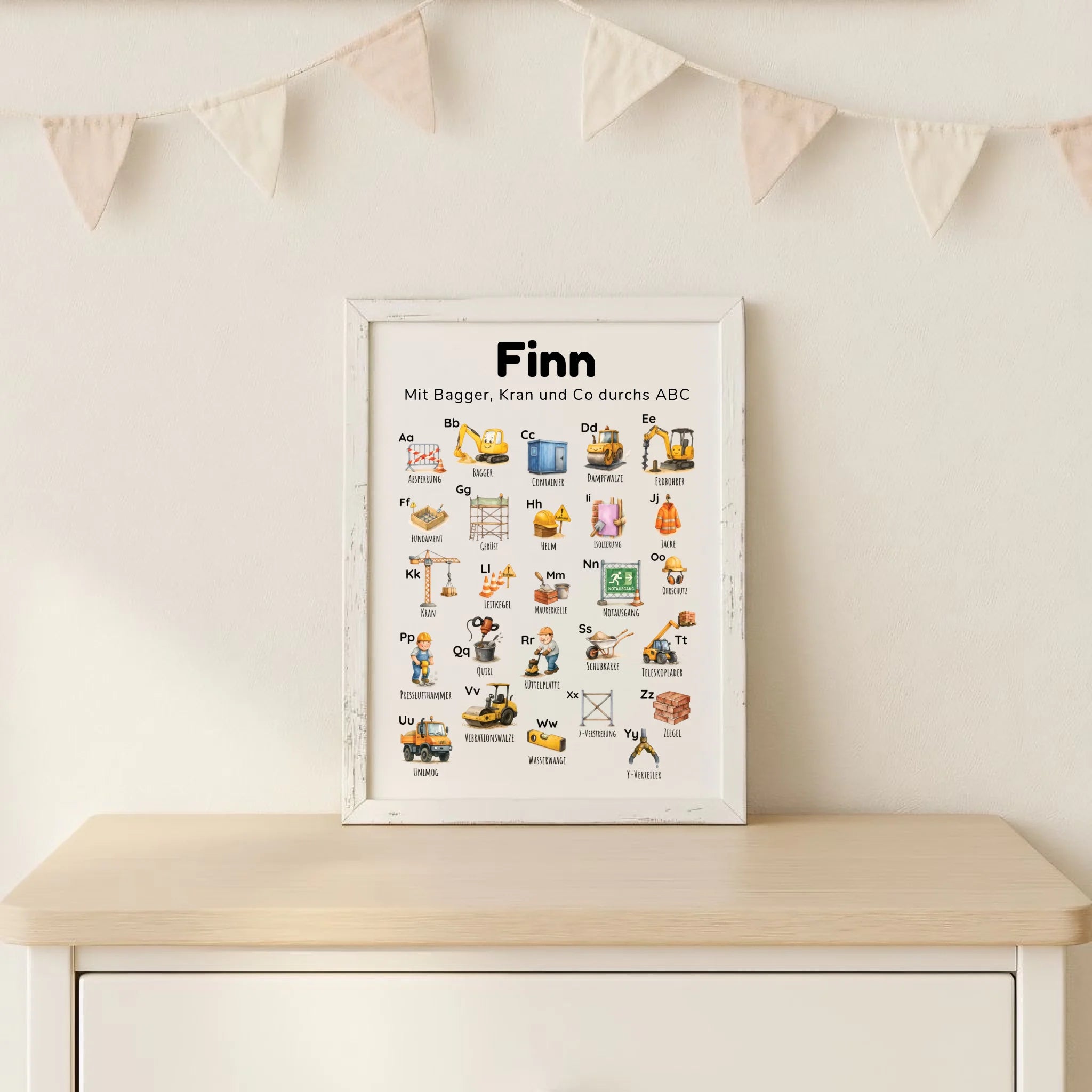ABC-Poster für Kinder, Thema Baustelle „Bagger & Buchstaben“, personalisierbar mit Namen und Spruch; Illustrationen von Bagger, Kran, Walze; mattes Fotopapier im Hochformat; erhältlich in DIN A4; ideales Lernposter fürs Kinderzimmer und für Kitas in Deutschland