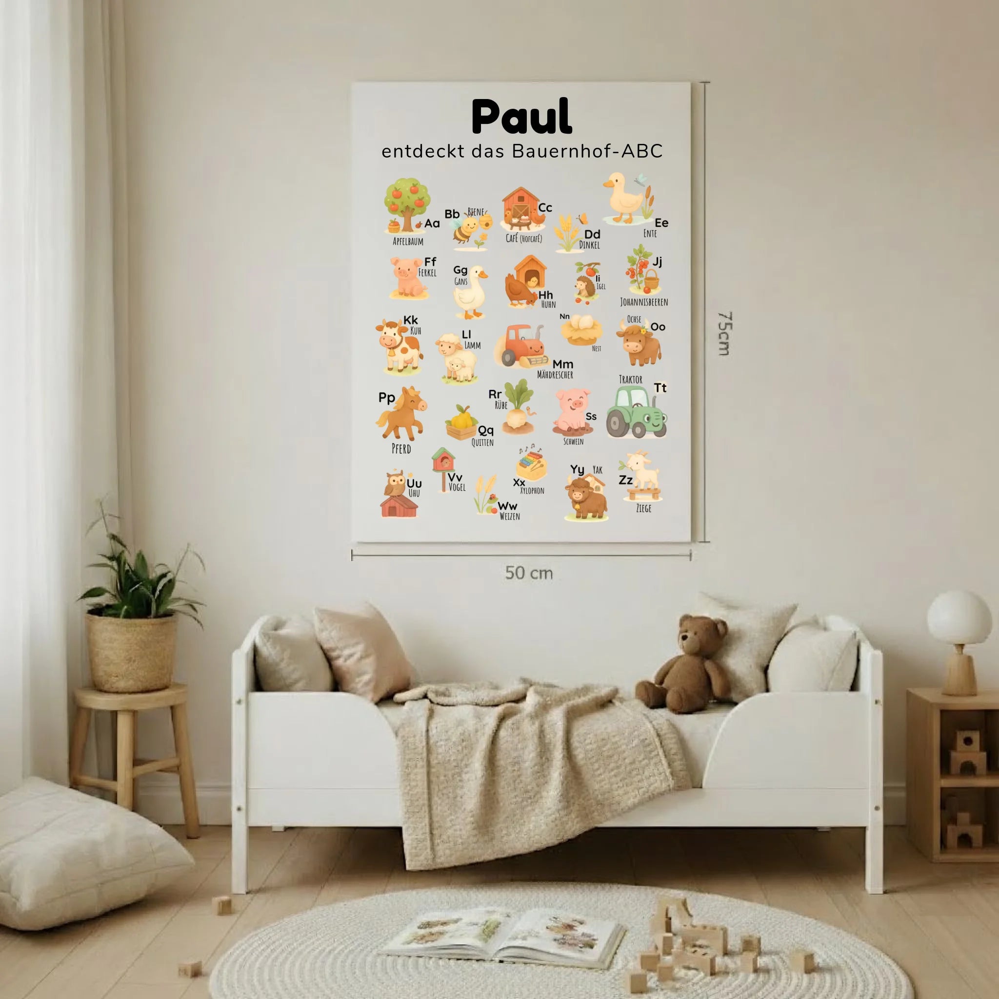 ABC Poster für Kinder im Aquarell-Stil mit Bauernhof-Tieren – personalisierbar mit Name & Spruch, pädagogisch wertvoll zur frühen Buchstabenerkennung. Hochformat 50x75cm