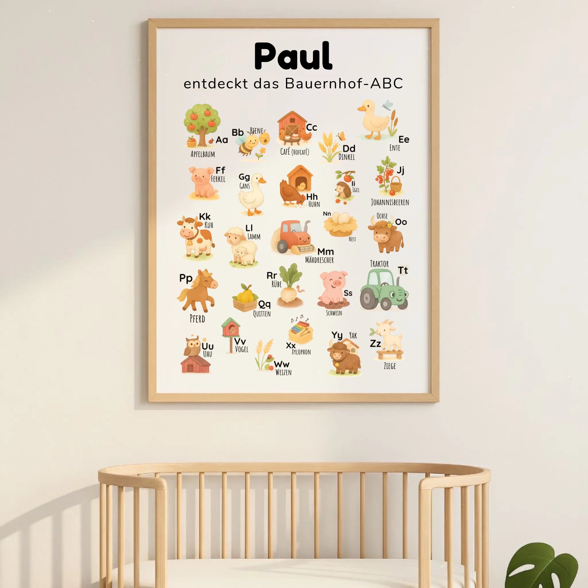 ABC Poster für Kinder im Aquarell-Stil mit Bauernhof-Tieren – personalisierbar mit Name & Spruch, pädagogisch wertvoll zur frühen Buchstabenerkennung. Hochformat DIN A0