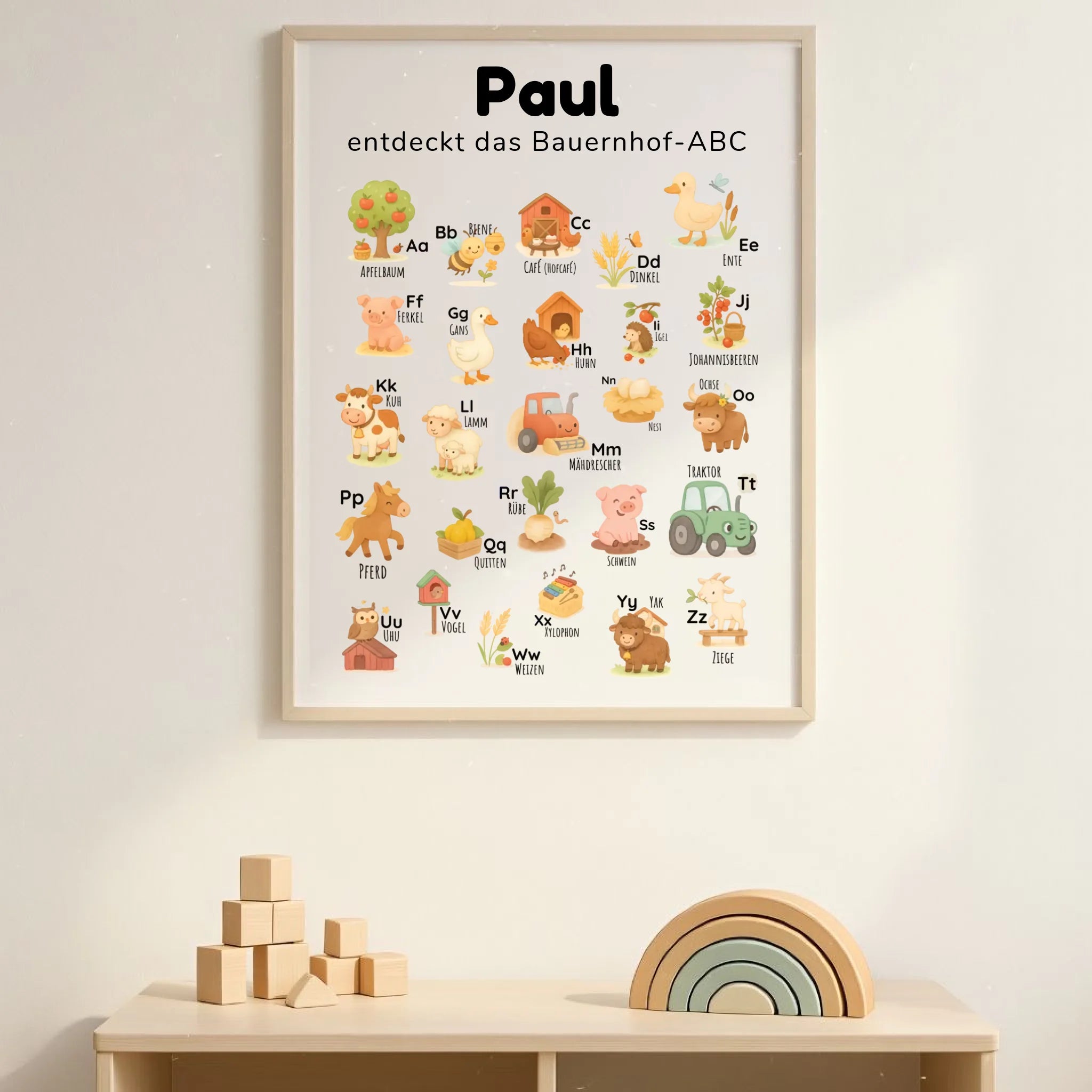 ABC Poster für Kinder im Aquarell-Stil mit Bauernhof-Tieren – personalisierbar mit Name & Spruch, pädagogisch wertvoll zur frühen Buchstabenerkennung. Hochformat DIN A1