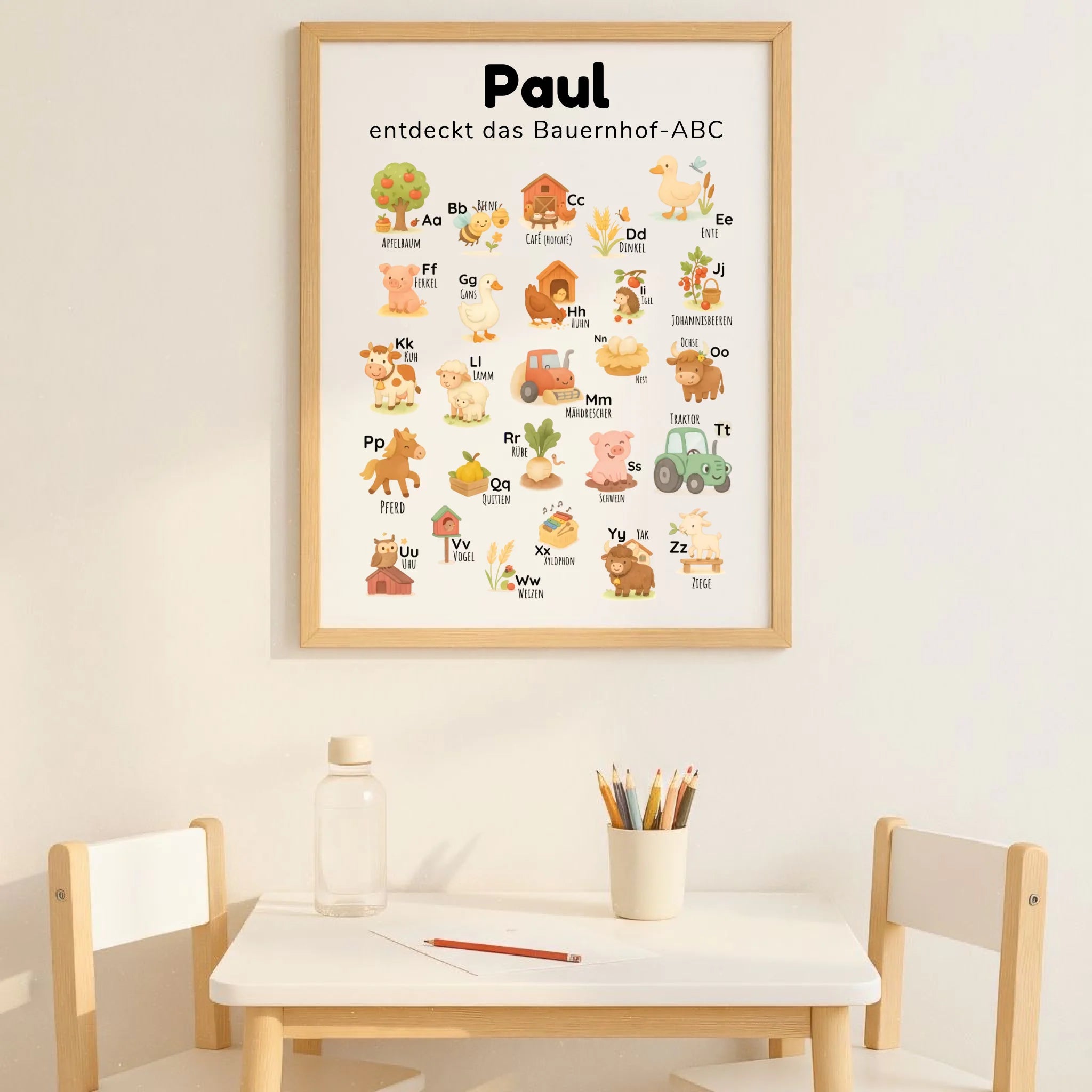 ABC Poster für Kinder im Aquarell-Stil mit Bauernhof-Tieren – personalisierbar mit Name & Spruch, pädagogisch wertvoll zur frühen Buchstabenerkennung. Hochformat DIN A2