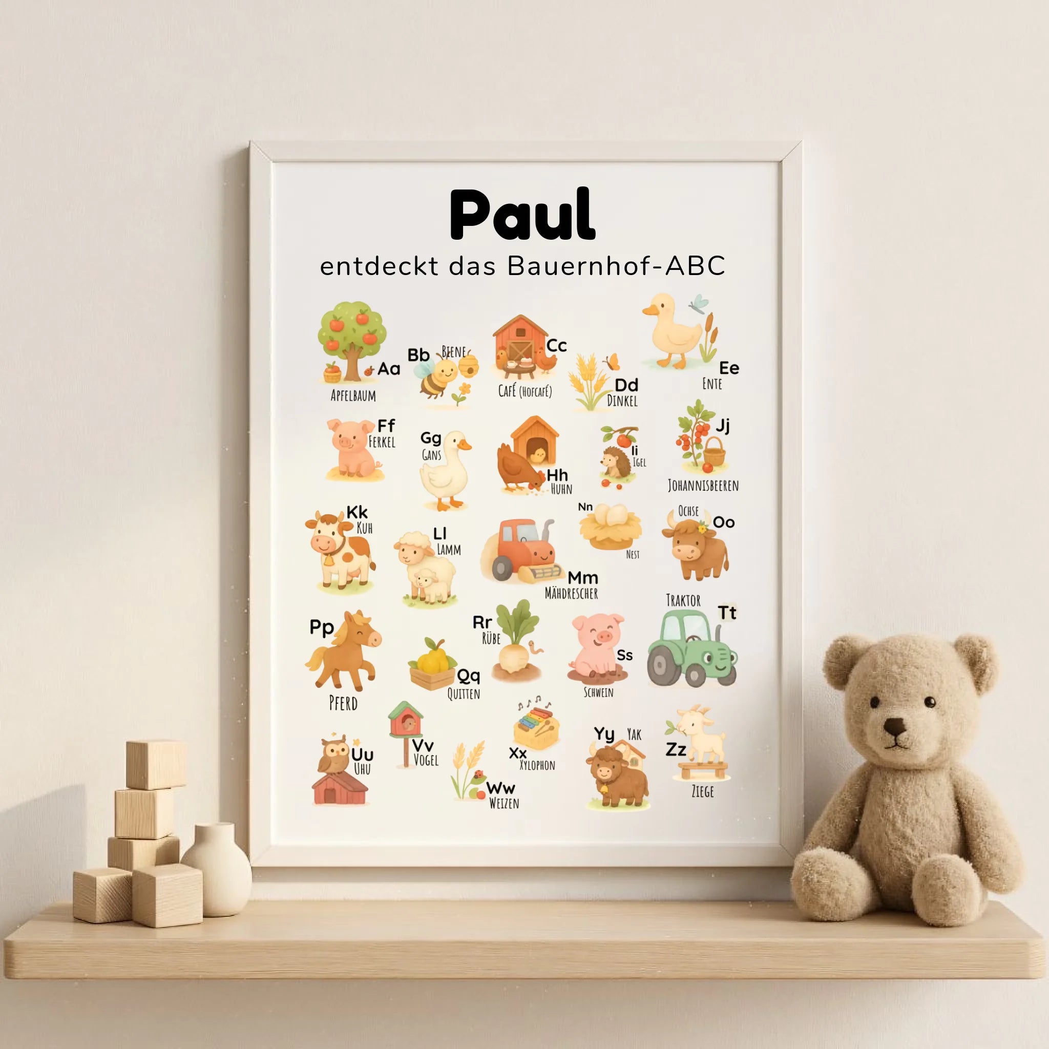 ABC Poster für Kinder im Aquarell-Stil mit Bauernhof-Tieren – personalisierbar mit Name & Spruch, pädagogisch wertvoll zur frühen Buchstabenerkennung. Hochformat DIN A3