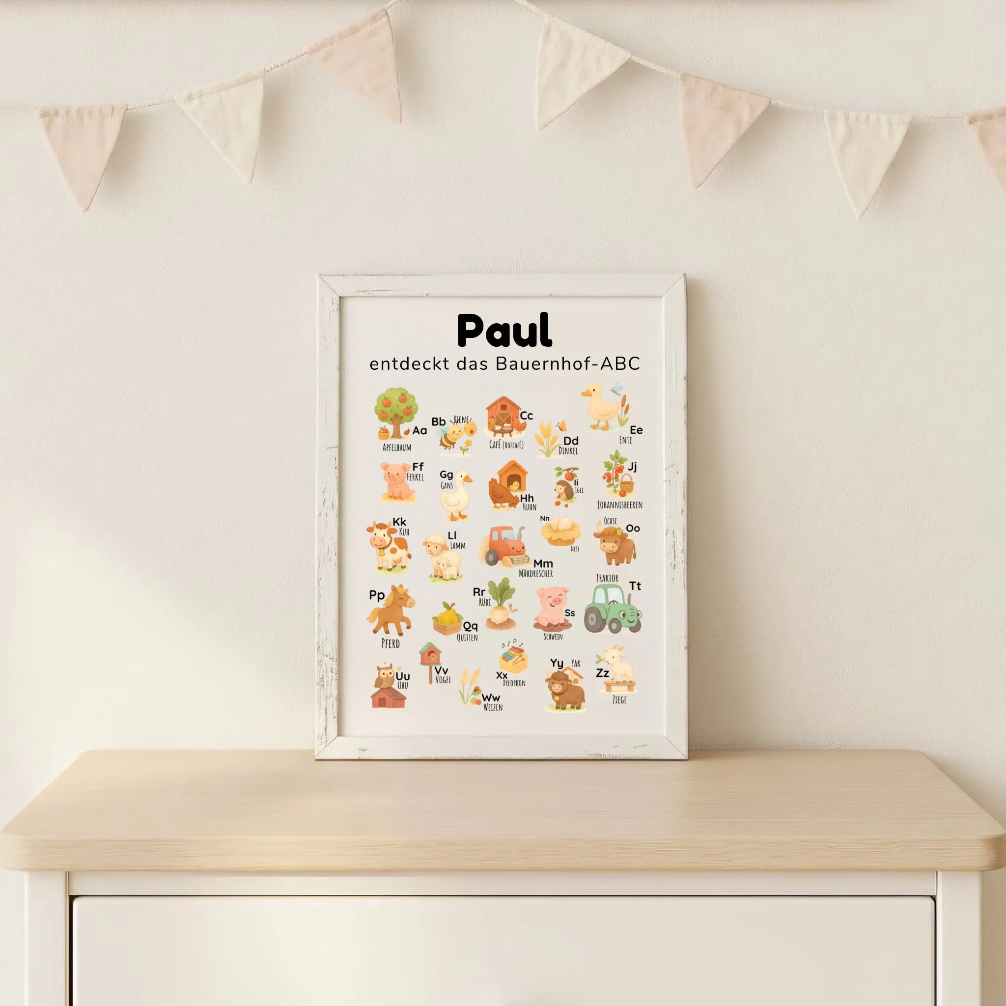 ABC Poster für Kinder im Aquarell-Stil mit Bauernhof-Tieren – personalisierbar mit Name & Spruch, pädagogisch wertvoll zur frühen Buchstabenerkennung. Hochformat DIN A4