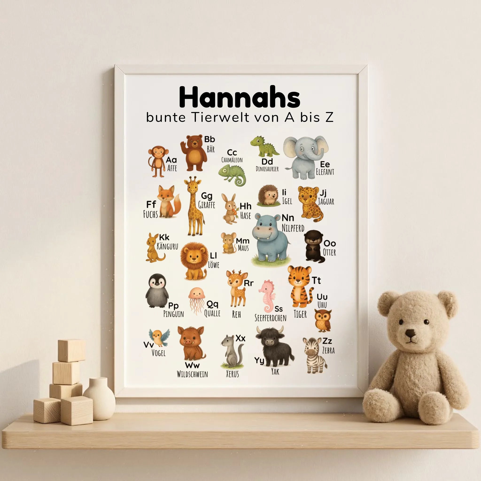 ABC Poster "Bunte Tierwelt" mit Tieren, personalisierbar mit Name; Format DIN A3 Hochformat. Lernposter in deutscher Sprache fürs Kinderzimmer, Alphabet von A bis Z, spielerisch lernen