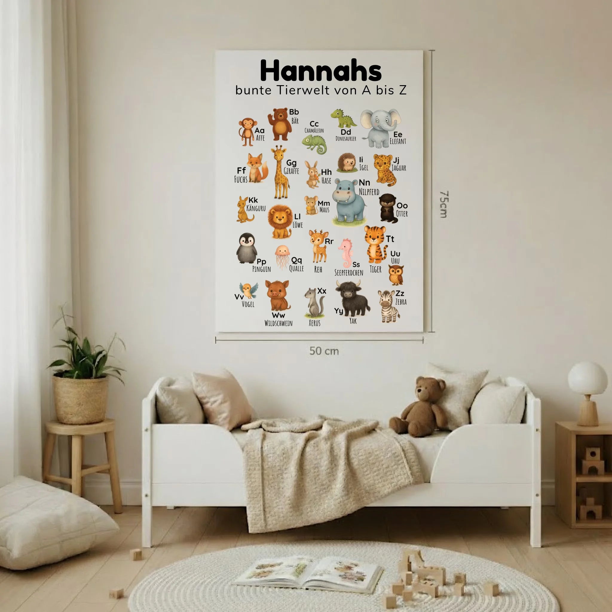 ABC Poster "Bunte Tierwelt" mit Tieren, personalisierbar mit Name; Format: 50x75 Hochformat. Lernposter in deutscher Sprache fürs Kinderzimmer, Alphabet von A bis Z, spielerisch lernen