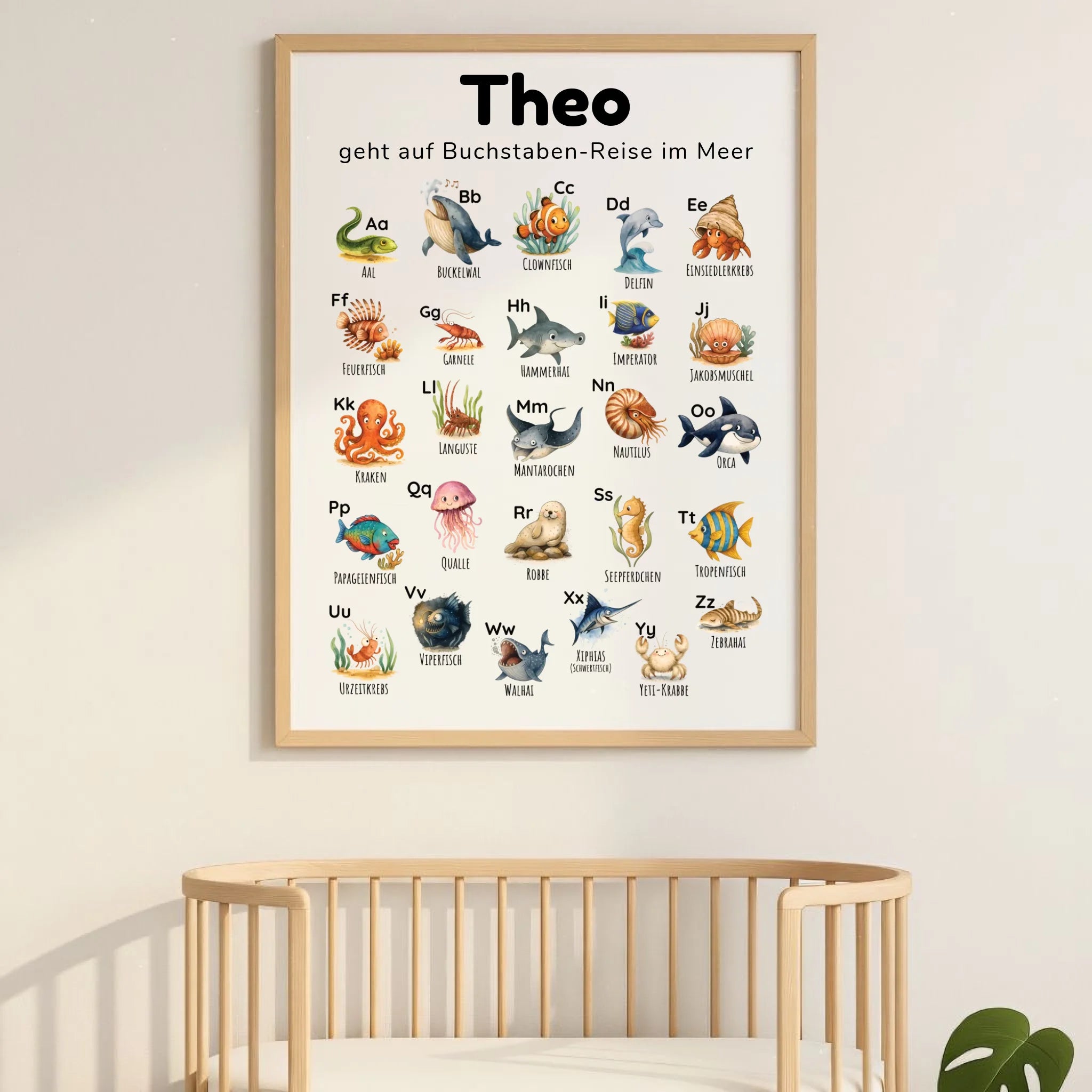 ABC-Poster für Kinder im Ozean Design, personalisierbar mit Namen und Spruch, Illustrationen mit Meerestieren wie Delfin, Wal und Seestern, pädagogisch wertvoll zur frühen Buchstabenerkennung, ideal für Kinderzimmer, Kita und Einschulung, Druck im Hochformat DIN A0, beliebt in Deutschland