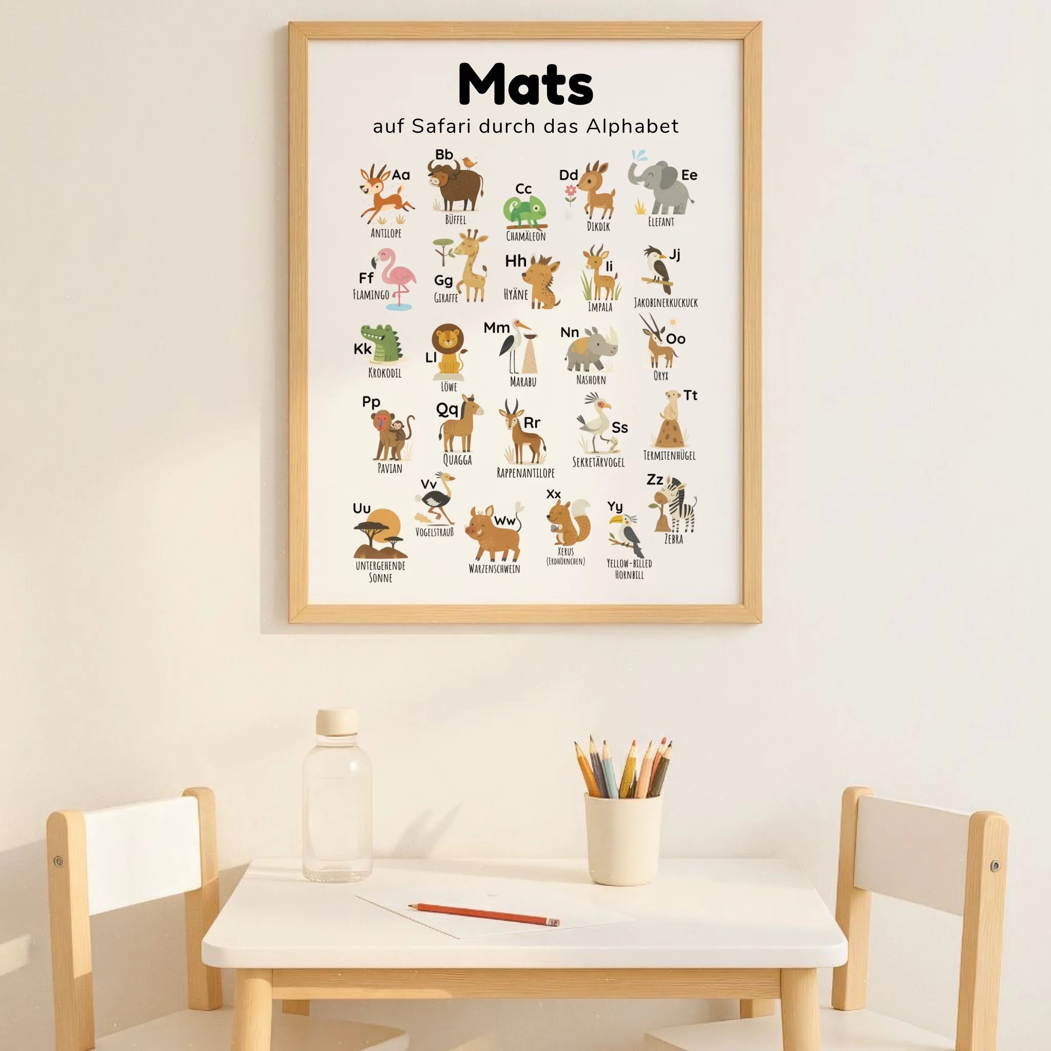 ABC Poster für Kinder im Safari & Savanne Design, personalisierbar mit Namen und Spruch, hochwertige Illustration mit Löwe, Elefant und Giraffe, pädagogisch wertvoll zur frühen Buchstabenerkennung, ideal für Kinderzimmer. Druck im Hochformat DIN A2, beliebt in Deutschland
