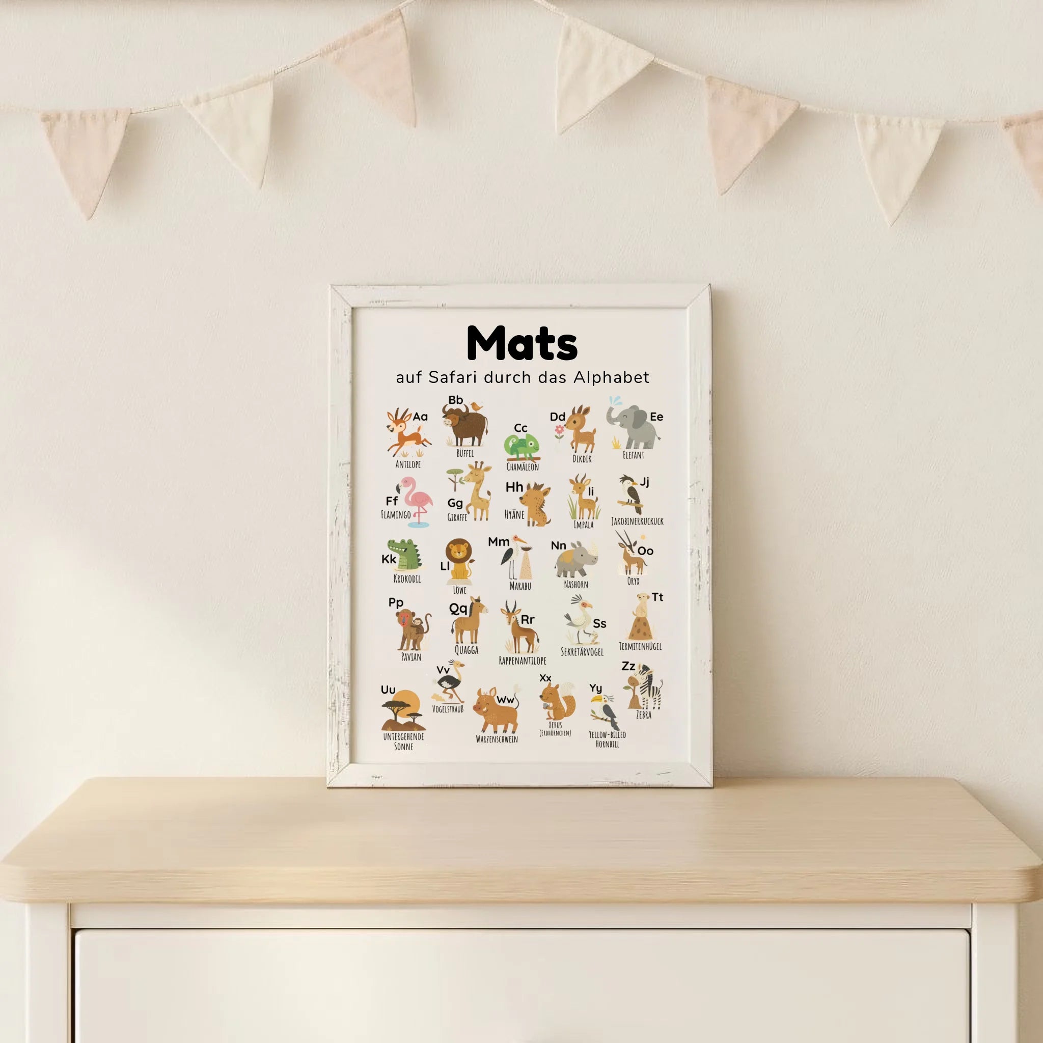 ABC Poster für Kinder im Safari & Savanne Design, personalisierbar mit Namen und Spruch, hochwertige Illustration mit Löwe, Elefant und Giraffe, pädagogisch wertvoll zur frühen Buchstabenerkennung, ideal für Kinderzimmer. Druck im Hochformat DIN A4, beliebt in Deutschland