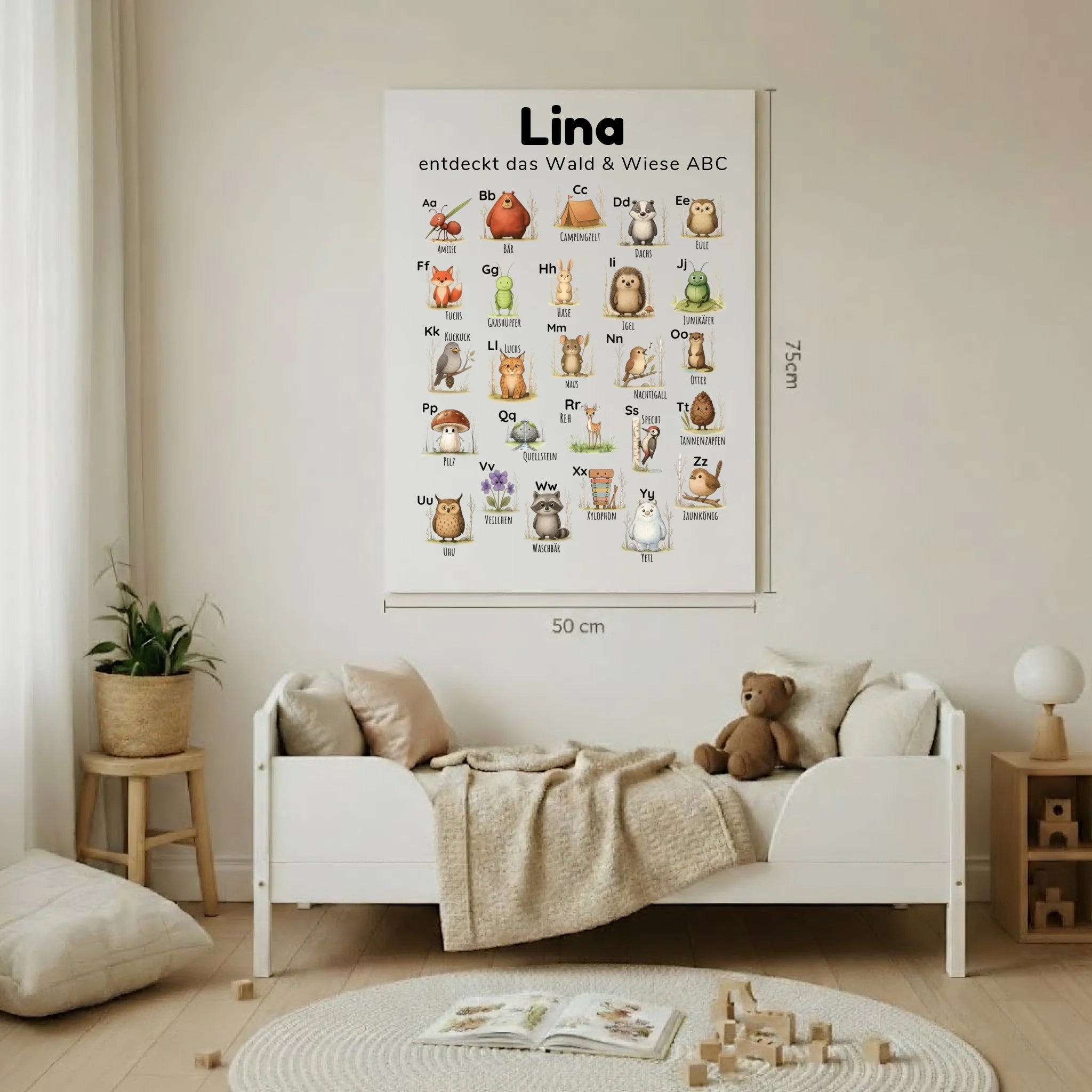 ABC Poster für Kinder im Line-Art-Stil mit Wald und Wiese Motiven, personalisierbar mit Name und Spruch, hochwertiger Druck auf Fotopapier im Hochformat 50cm mal 75cm, pädagogisch wertvoll fürs Kinderzimmer und Kita
