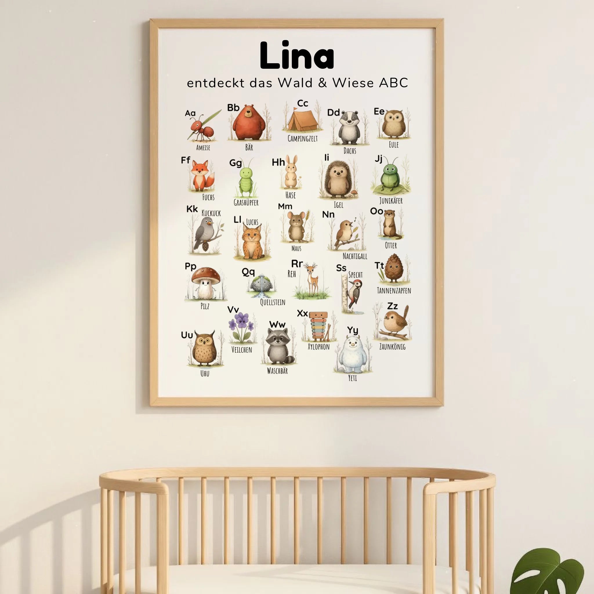 ABC Poster für Kinder im Line-Art-Stil mit Wald und Wiese Motiven, personalisierbar mit Name und Spruch, hochwertiger Druck auf Fotopapier im Hochformat DIN A0, pädagogisch wertvoll fürs Kinderzimmer