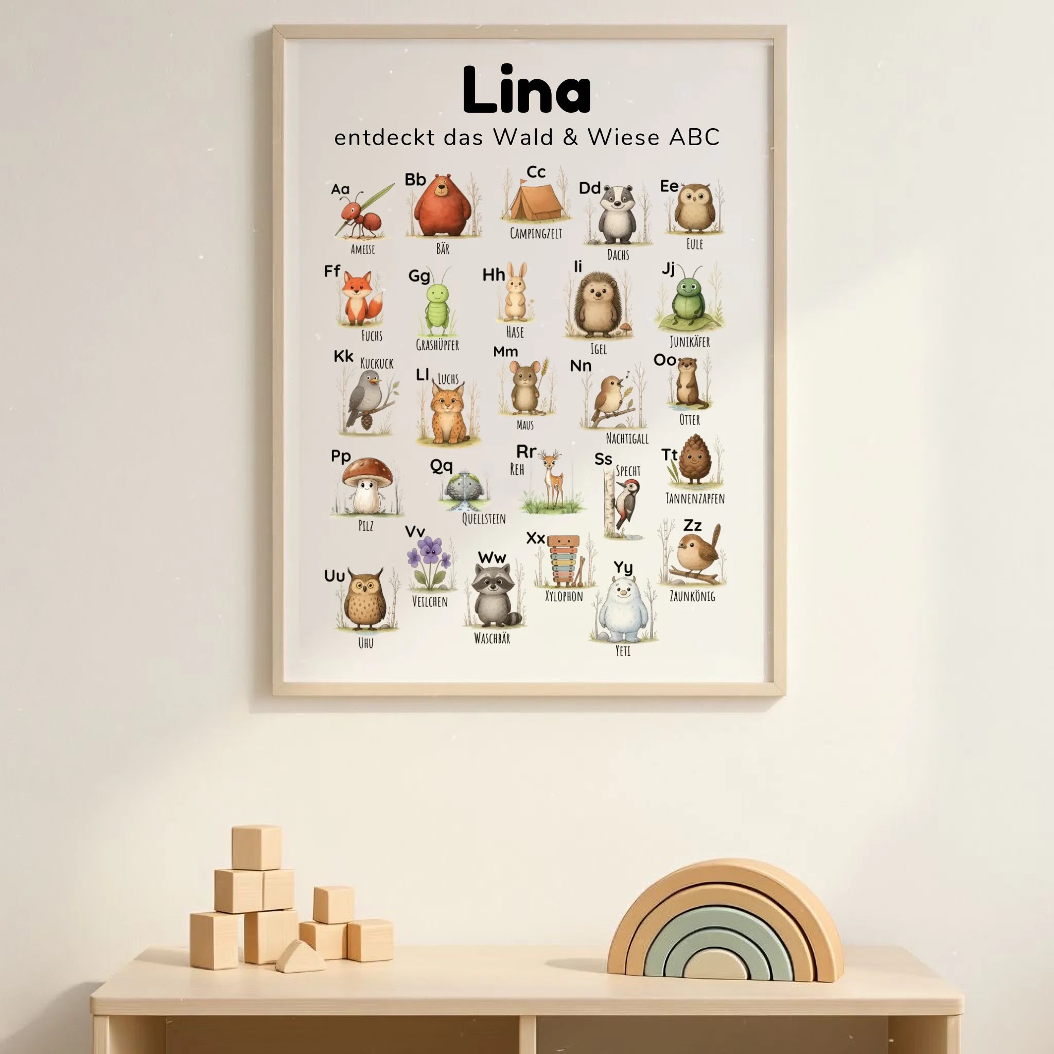 ABC Poster für Kinder im Line-Art-Stil mit Wald und Wiese Motiven, personalisierbar mit Name und Spruch, hochwertiger Druck auf Fotopapier im Hochformat DIN A1, pädagogisch wertvoll fürs Kinderzimmer