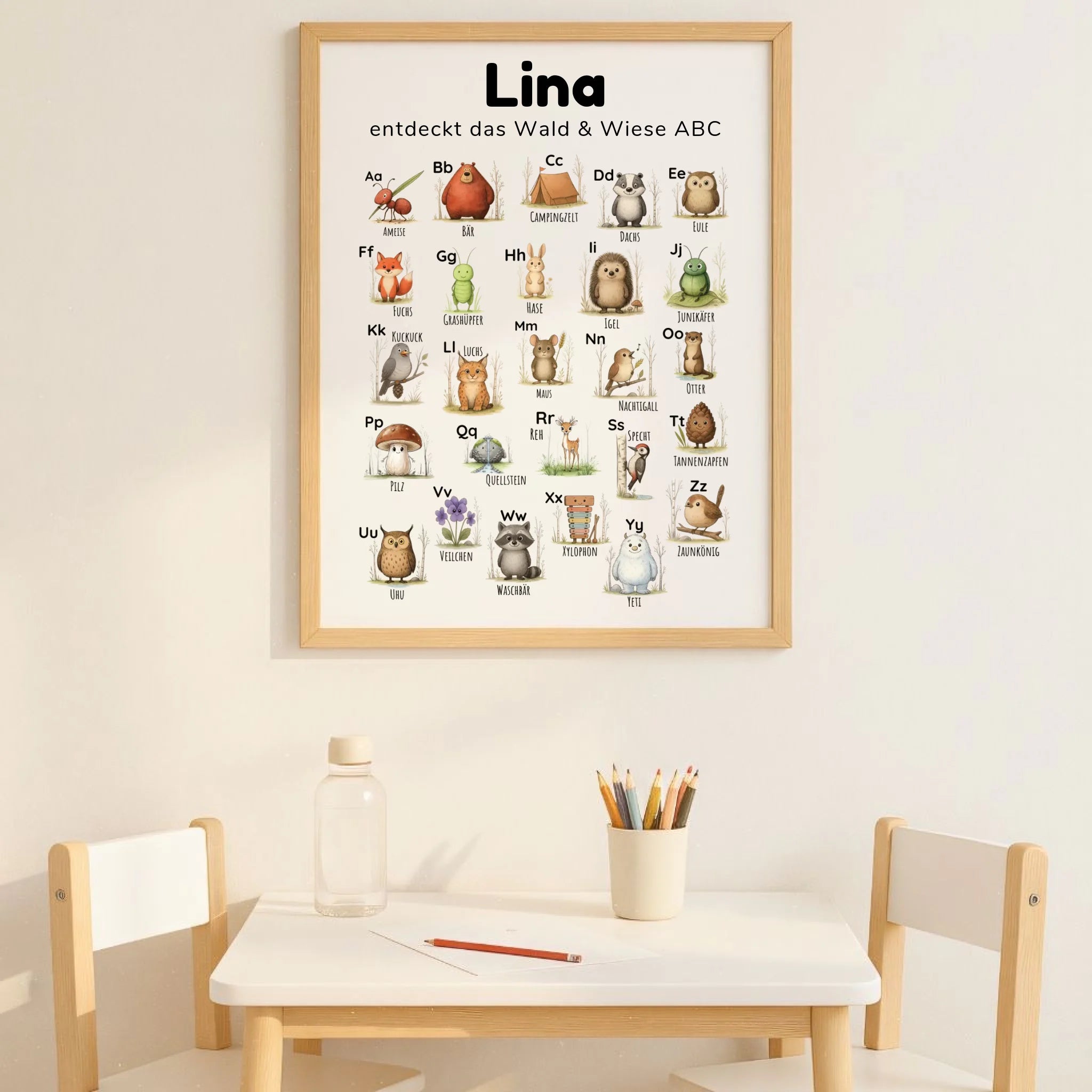 ABC Poster für Kinder im Line-Art-Stil mit Wald und Wiese Motiven, personalisierbar mit Name und Spruch, hochwertiger Druck auf Fotopapier im Hochformat DIN A2, pädagogisch wertvoll fürs Kinderzimmer