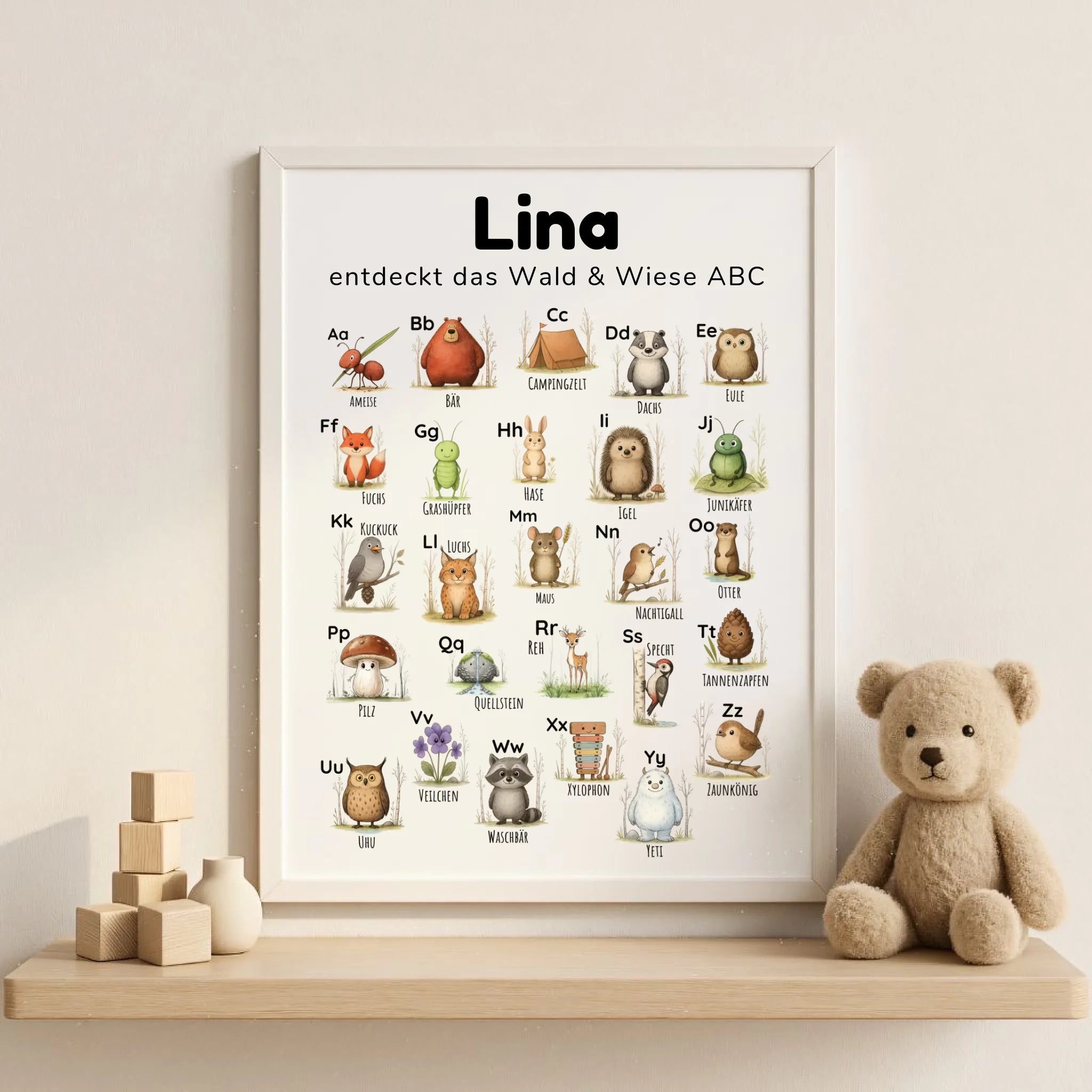ABC Poster für Kinder im Line-Art-Stil mit Wald und Wiese Motiven, personalisierbar mit Name und Spruch, hochwertiger Druck auf Fotopapier im Hochformat DIN A3, pädagogisch wertvoll fürs Kinderzimmer