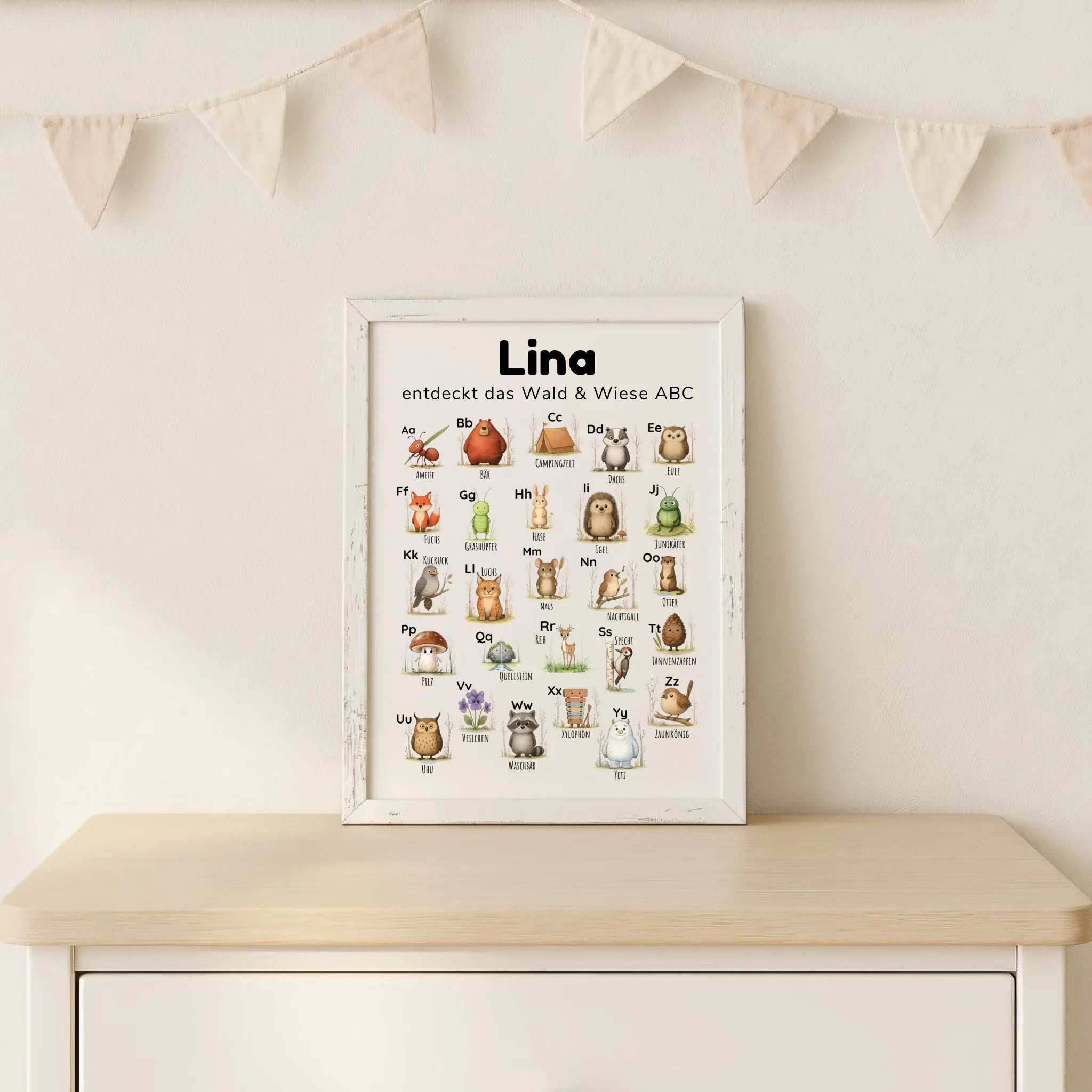 ABC Poster für Kinder im Line-Art-Stil mit Wald und Wiese Motiven, personalisierbar mit Name und Spruch, hochwertiger Druck auf Fotopapier im Hochformat DIN A4, pädagogisch wertvoll fürs Kinderzimmer