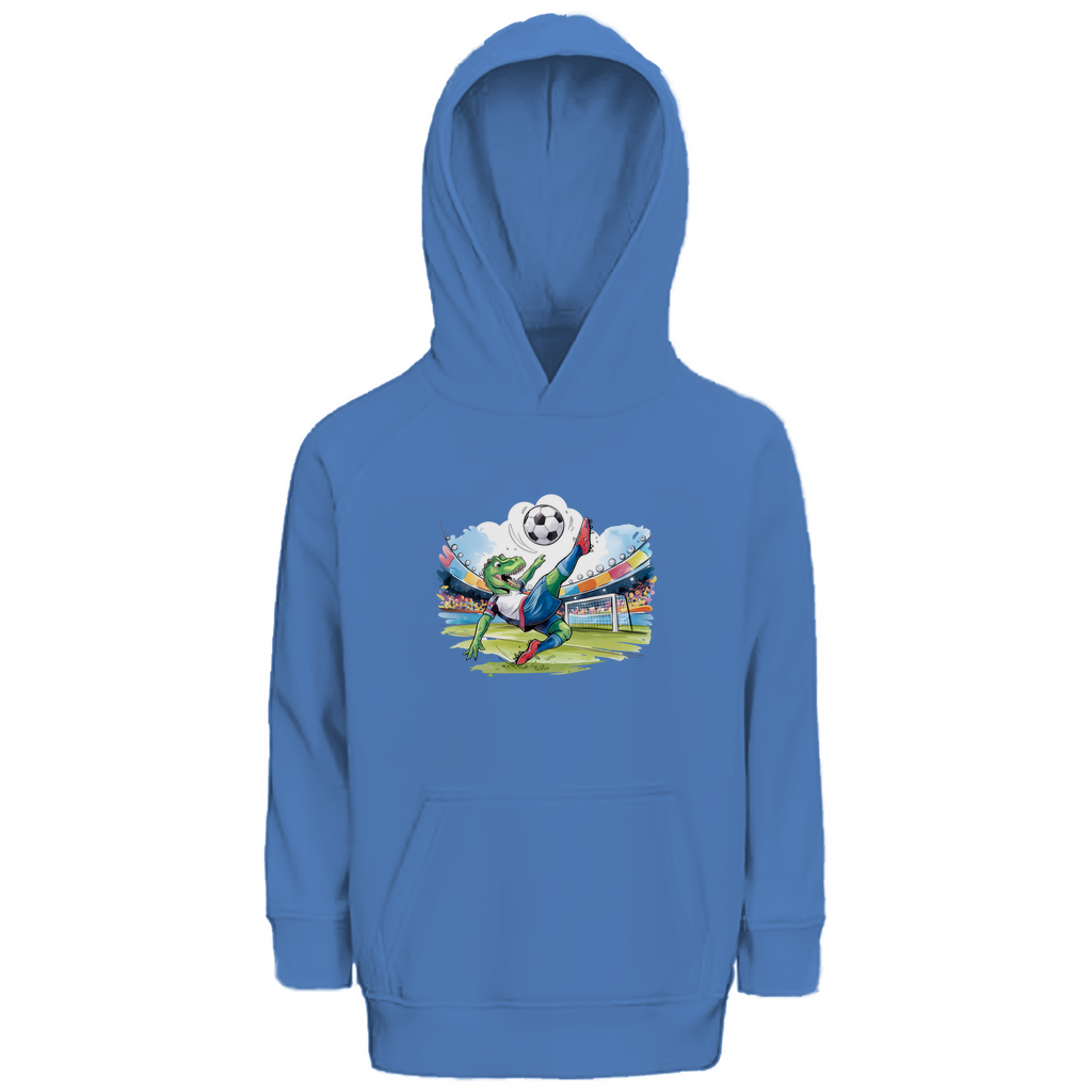 Kinder Hoodie "Soccer Rex" für Jungen mit Fußball Motiv in Blau: Sportlicher T-Rex beim Fallrückzieher im Stadion, warmer Kapuzenpullover aus Bio-Baumwolle
