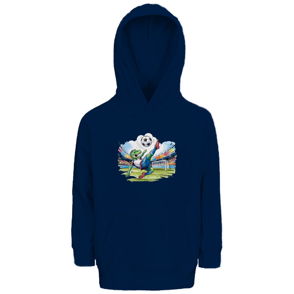 Kinder Hoodie "Soccer Rex" für Jungen mit Fußball Motiv in Navy Blau: Sportlicher T-Rex beim Fallrückzieher im Stadion, warmer Kapuzenpullover aus Bio-Baumwolle