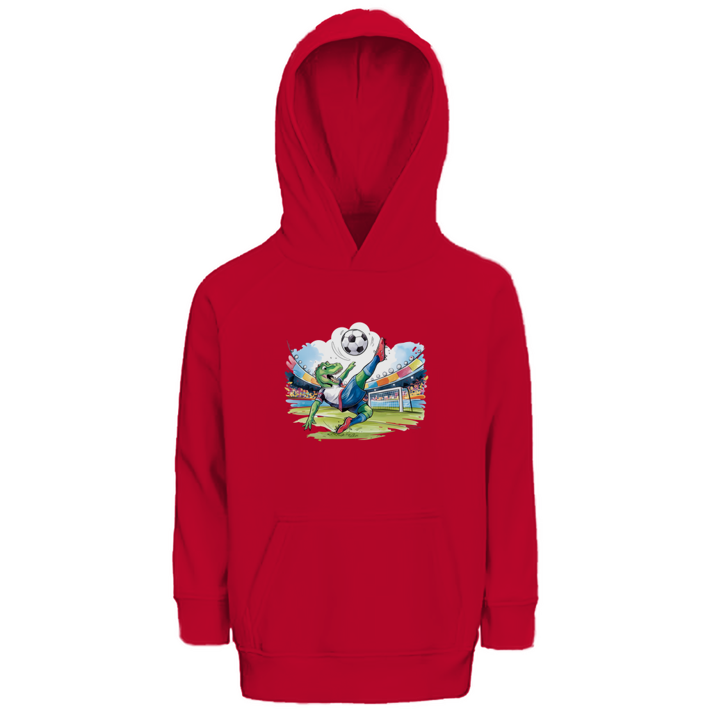 Kinder Hoodie "Soccer Rex" für Jungen mit Fußball Motiv in Rot: Sportlicher T-Rex beim Fallrückzieher im Stadion, warmer Kapuzenpullover aus Bio-Baumwolle