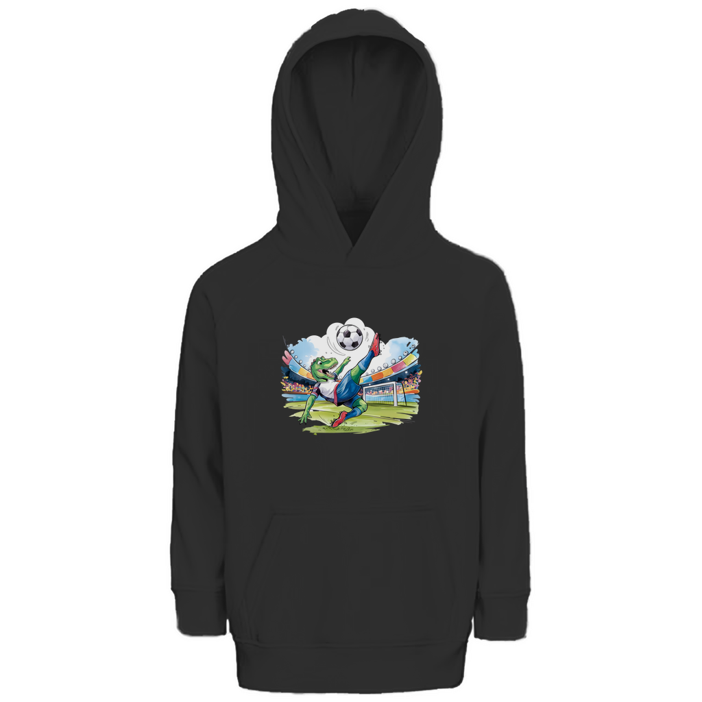 Kinder Hoodie "Soccer Rex" für Jungen mit Fußball Motiv in Schwarz: Sportlicher T-Rex beim Fallrückzieher im Stadion, warmer Kapuzenpullover aus Bio-Baumwolle