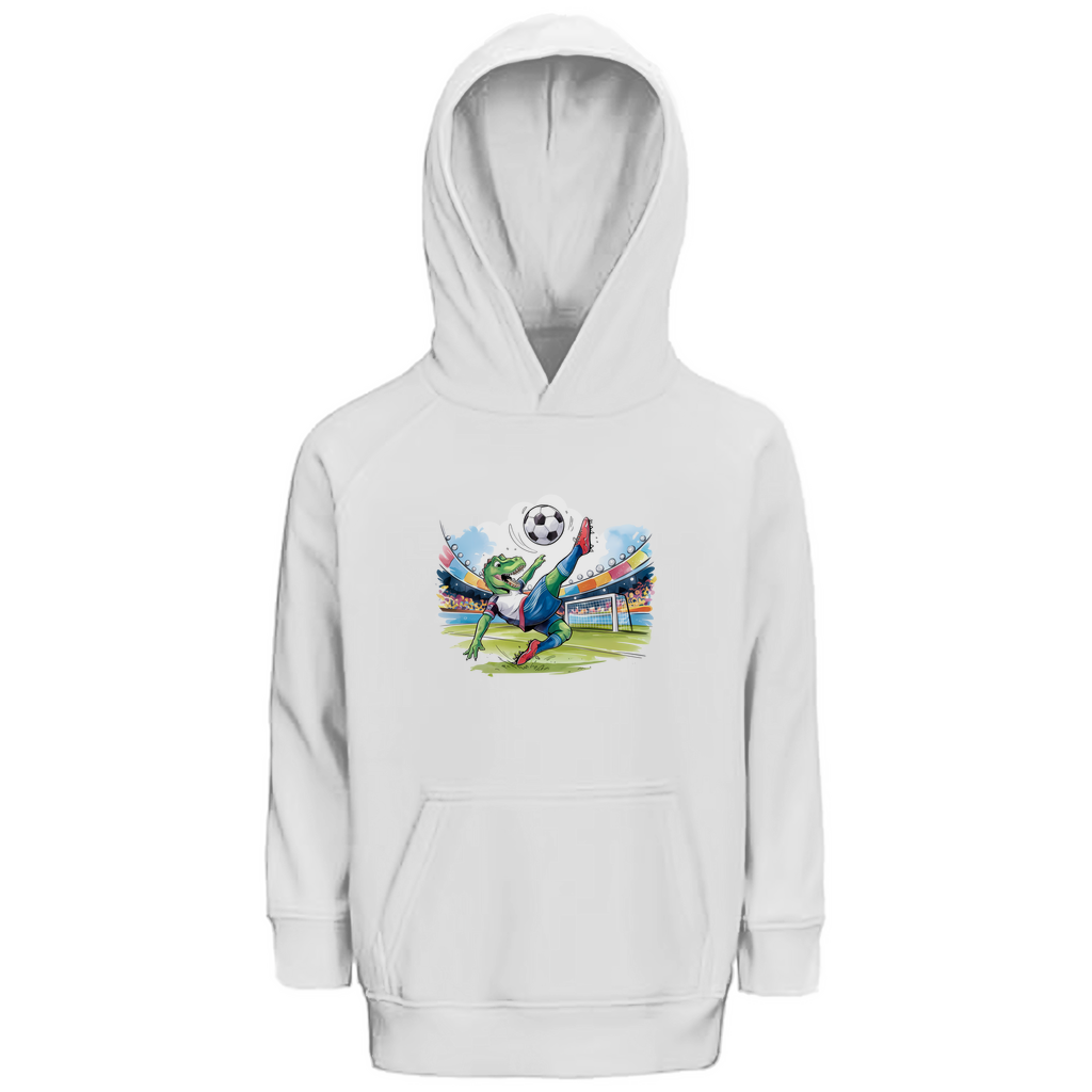 Kinder Hoodie "Soccer Rex" für Jungen mit Fußball Motiv in Weiß: Sportlicher T-Rex beim Fallrückzieher im Stadion, warmer Kapuzenpullover aus Bio-Baumwolle