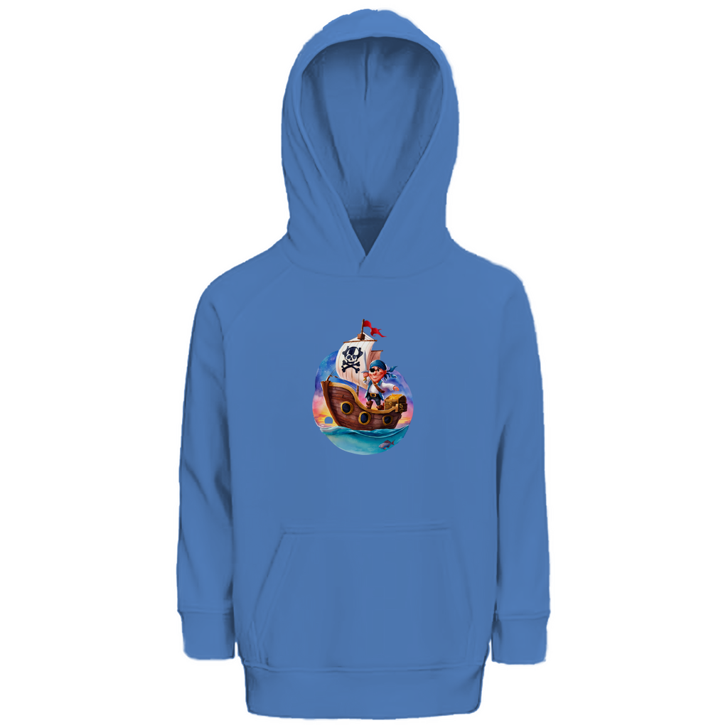 Kinder Hoodie "Little Pirate" für Jungen mit Piraten Motiv in Blau: Kleiner Pirat auf Segelschiff mit Schatztruhe im Sonnenuntergang