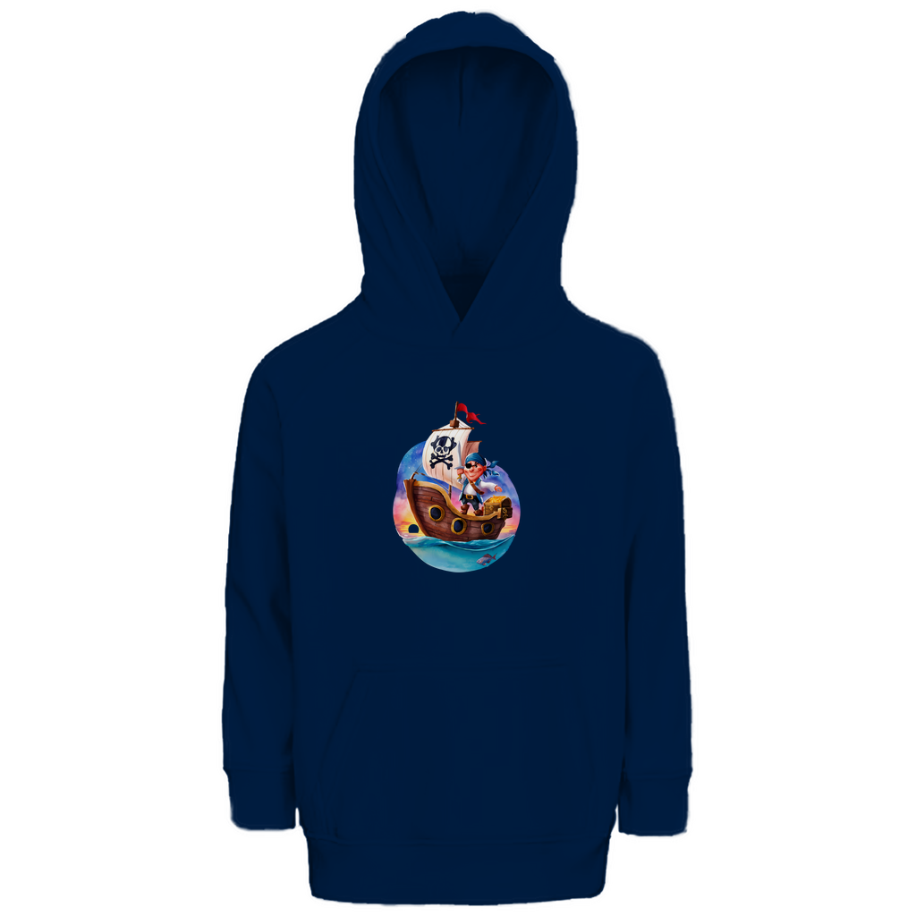 Kinder Hoodie "Little Pirate" für Jungen mit Piraten Motiv in Navy Blau: Kleiner Pirat auf Segelschiff mit Schatztruhe im Sonnenuntergang