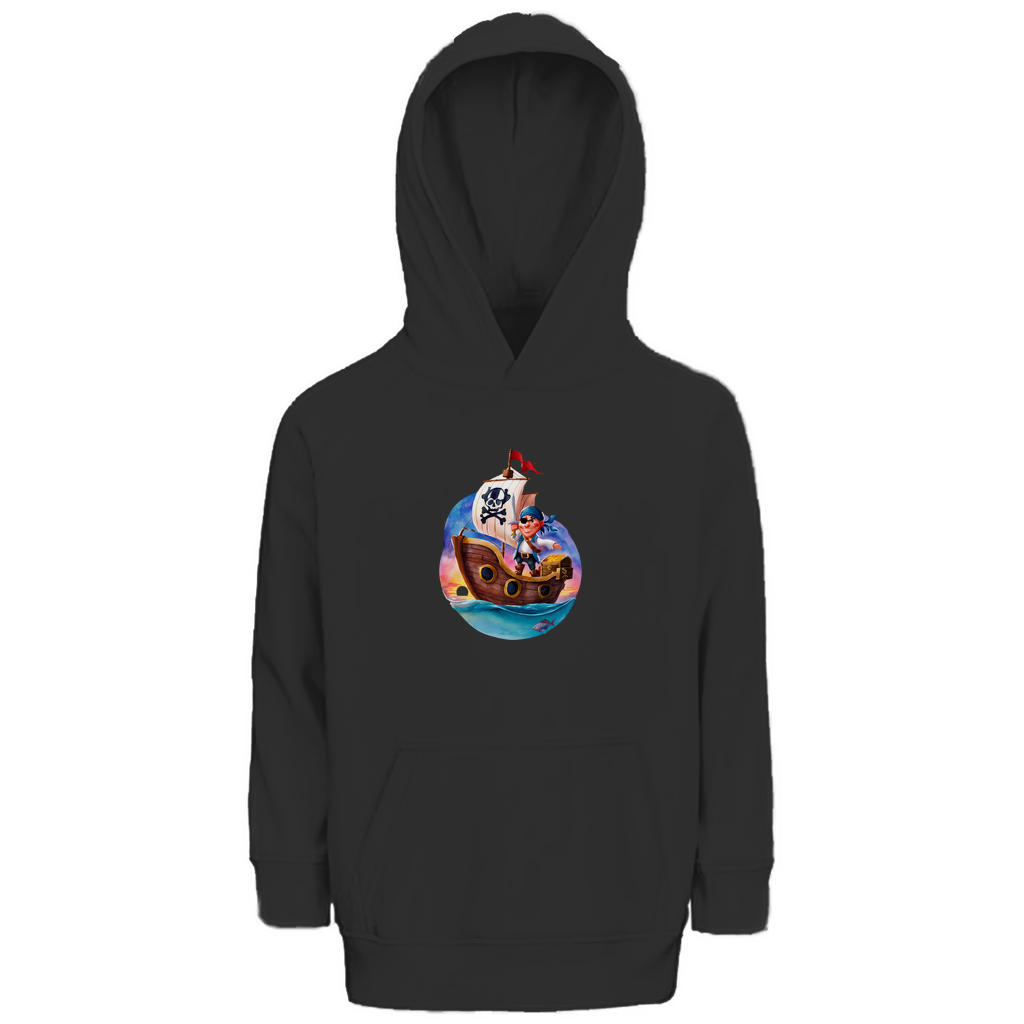 Kinder Hoodie "Little Pirate" für Jungen mit Piraten Motiv in Schwarz: Kleiner Pirat auf Segelschiff mit Schatztruhe im Sonnenuntergang