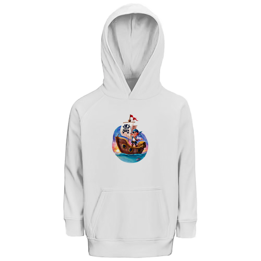 Kinder Hoodie "Little Pirate" für Jungen mit Piraten Motiv in Weiß: Kleiner Pirat auf Segelschiff mit Schatztruhe im Sonnenuntergang